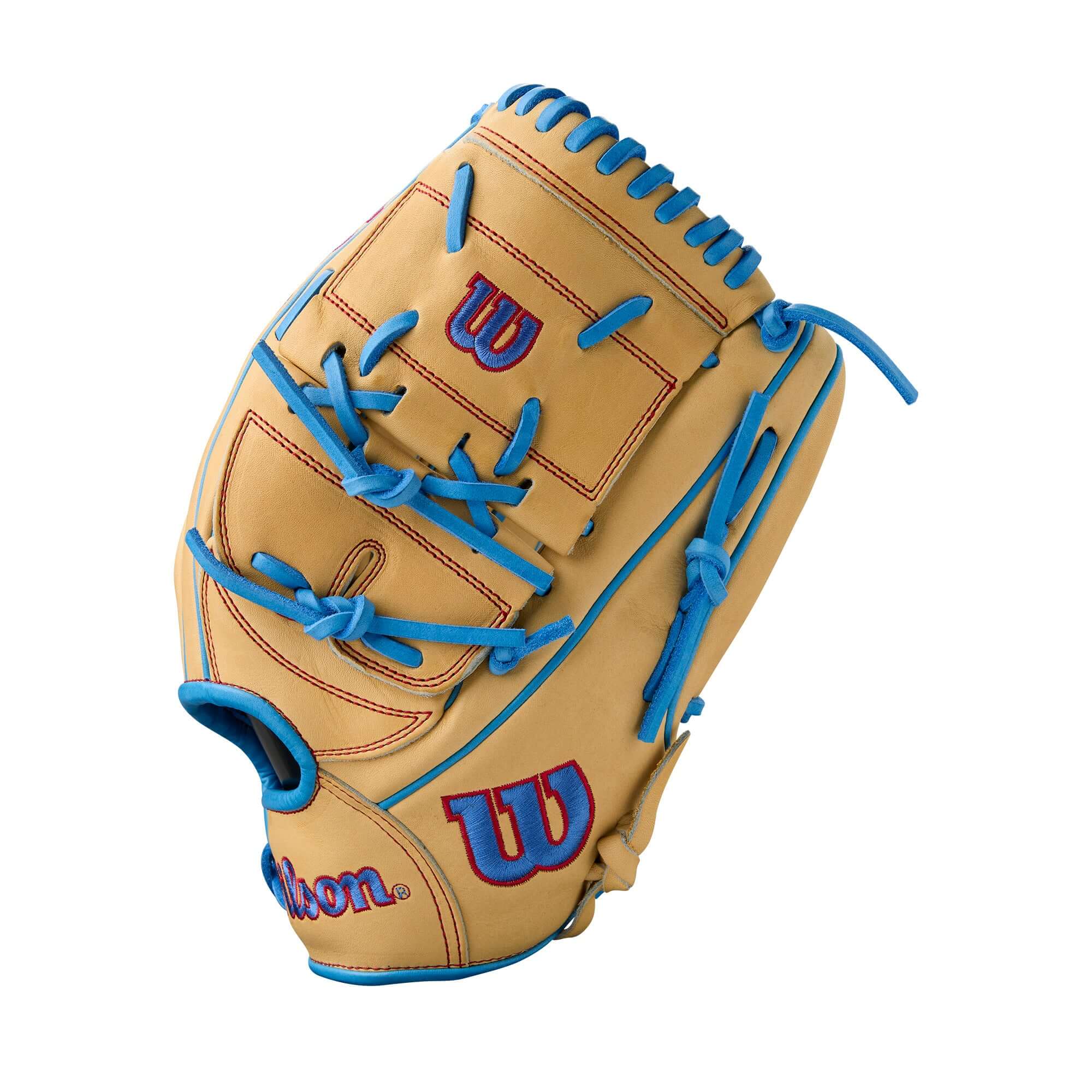 Wilson Summer 2025 A2000 B125 12.5" pitcher's baseball glove in blonde, sky blue, and red.