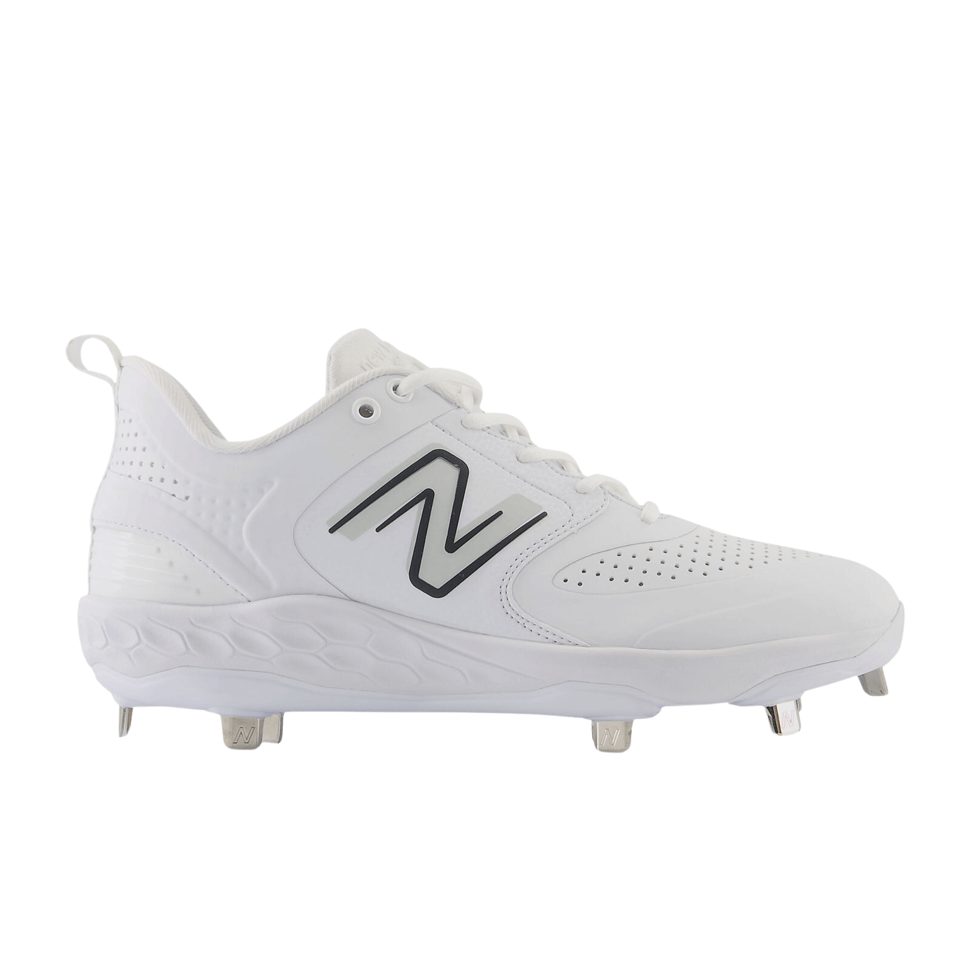 New Balance Fresh Foam X 3000 v6 Metal Synthetics baseball cleat in all-white design for comfort and durability.