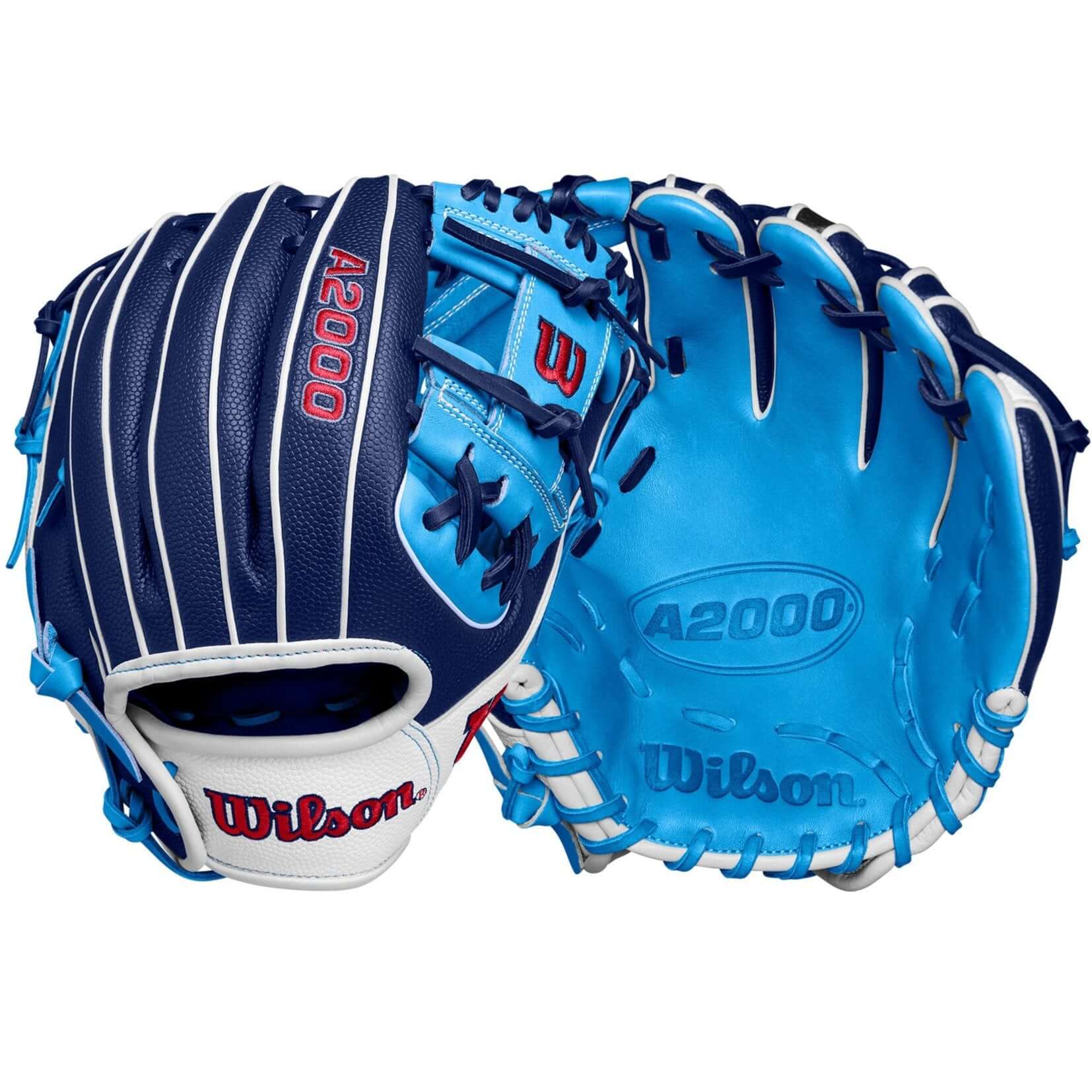 Wilson A2000 PF88SS infield baseball glove in navy and sky blue, designed for small hands, with Pro Stock leather and H-Web.