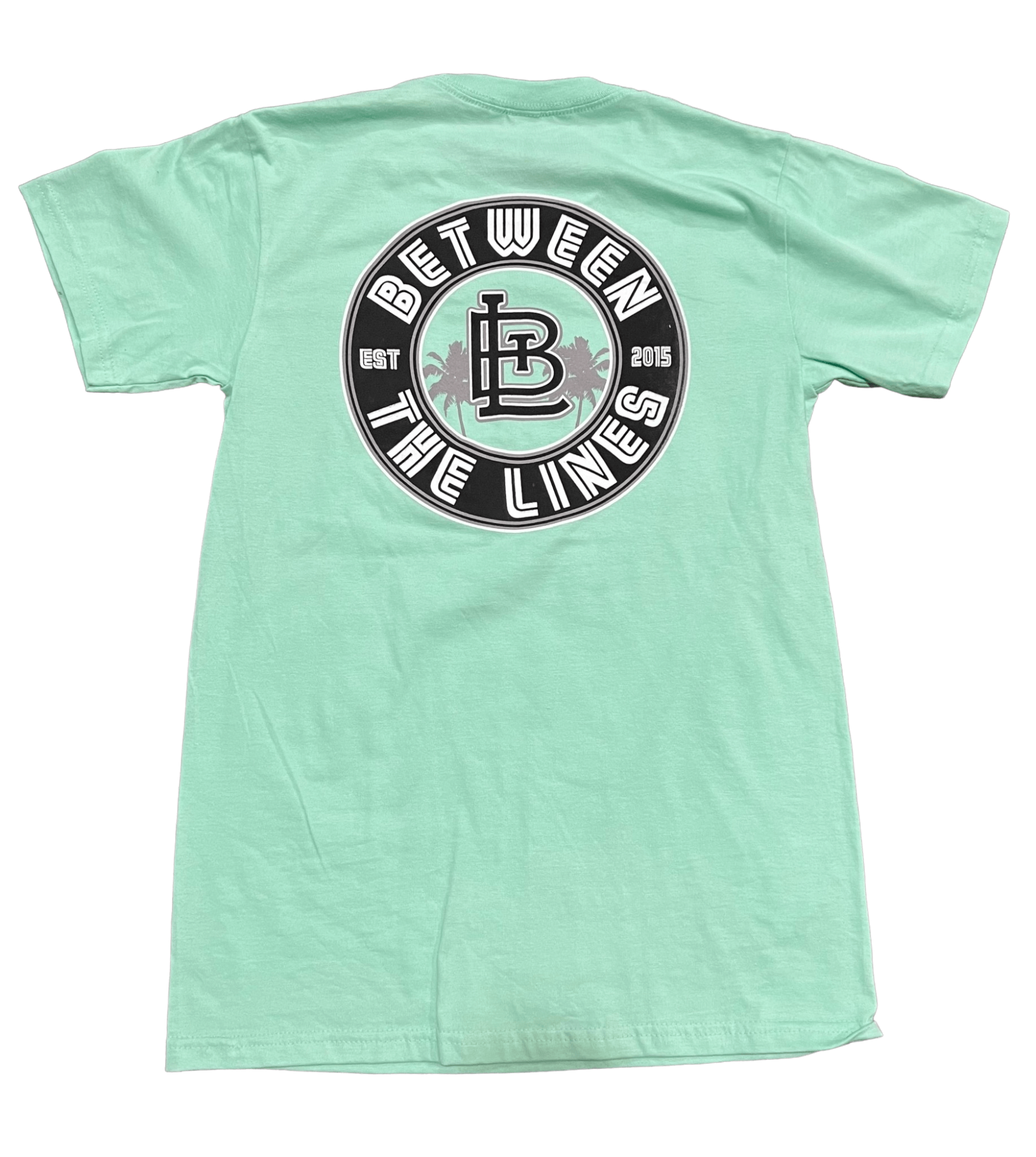 Back view of Between The Lines Palm Tree T-Shirt in mint green featuring a circular logo design.