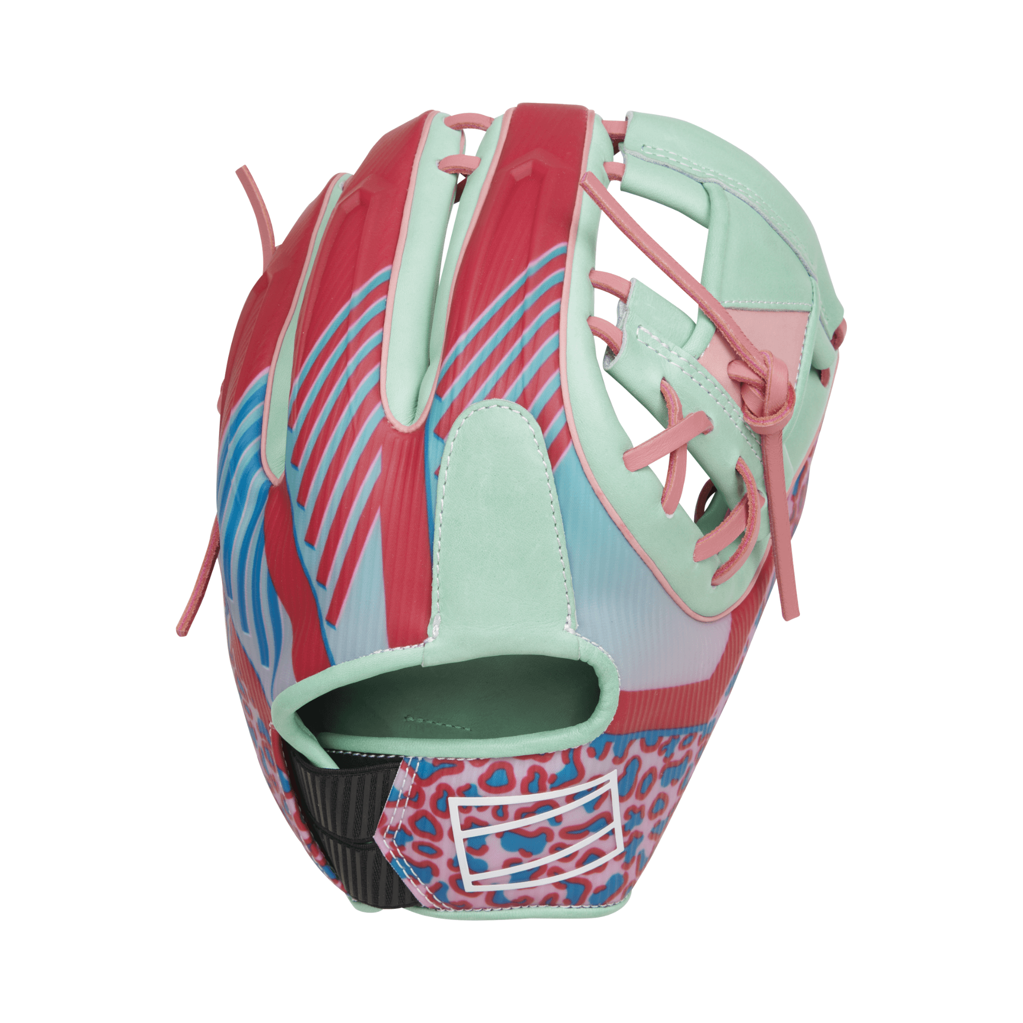 Rawlings Heart Of The Hide Color Sync 8.0 baseball glove with leopard-print design in red, pink, and blue, 11.75 inches.