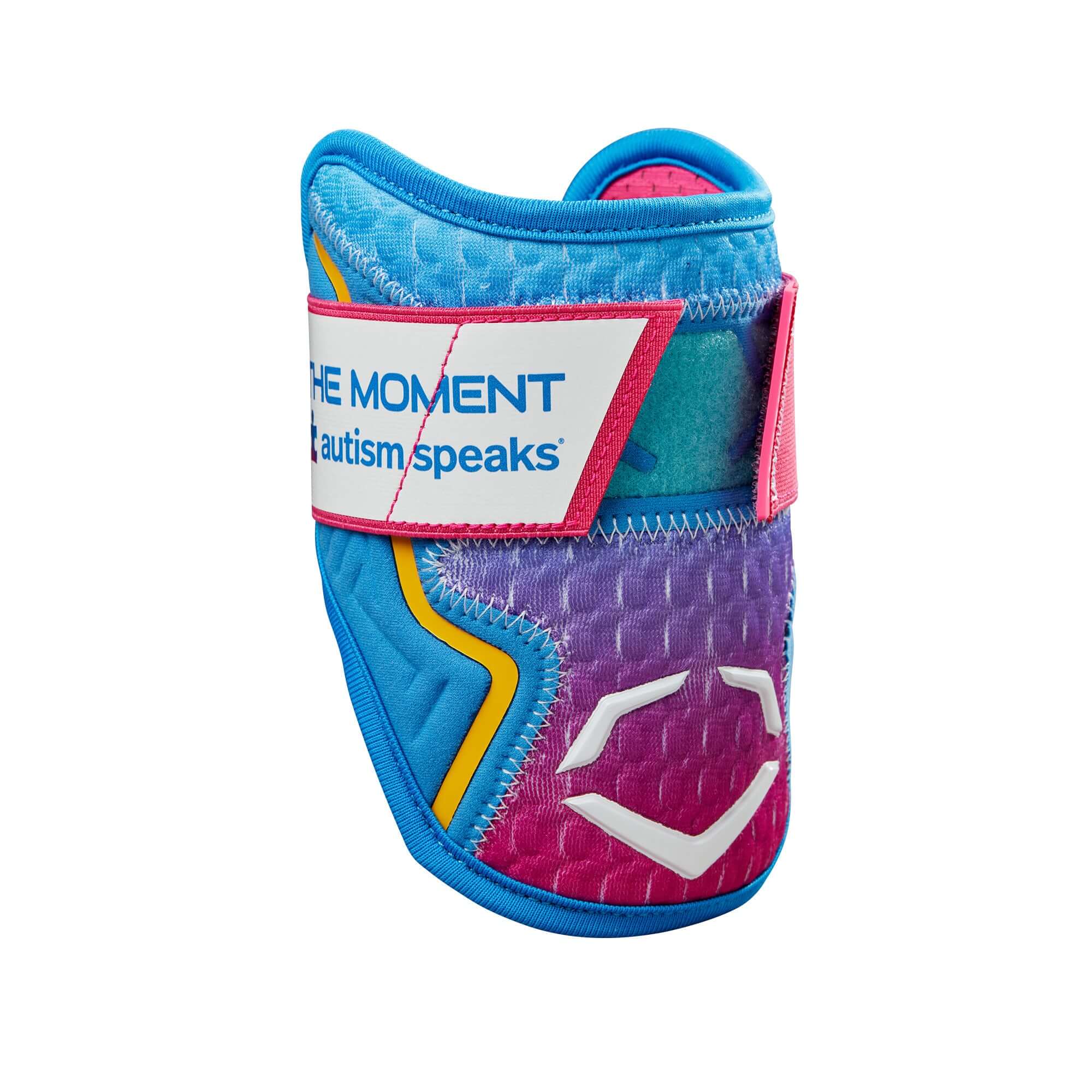 Evoshield 2024 X-SRZ Autism Speaks Elbow Guard in pink, blue, and purple with ergonomic design and gel-to-shell technology.