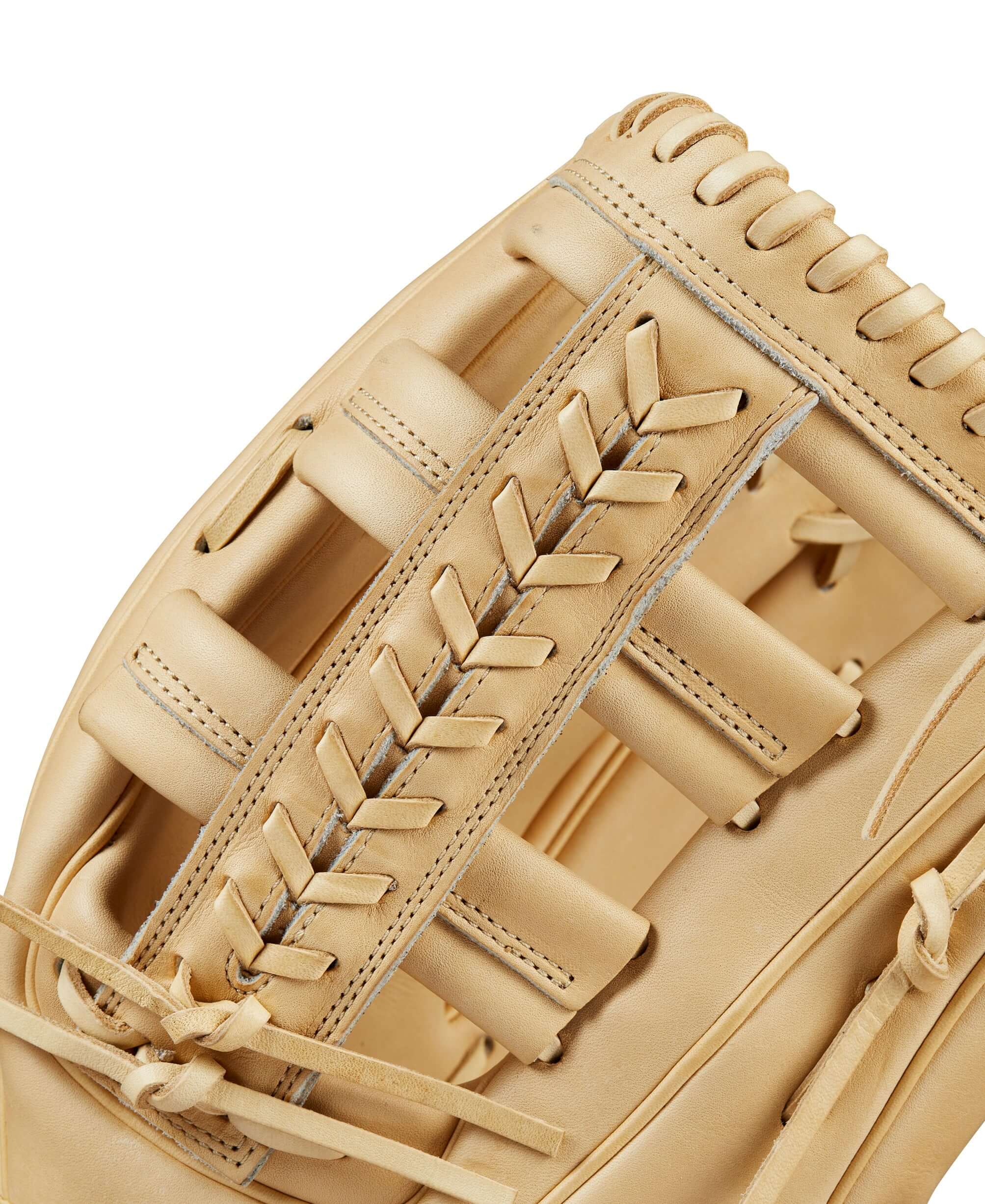Close-up of Wilson 2024 A2000 1810 12.75” blonde outfield baseball glove featuring detailed lacing.