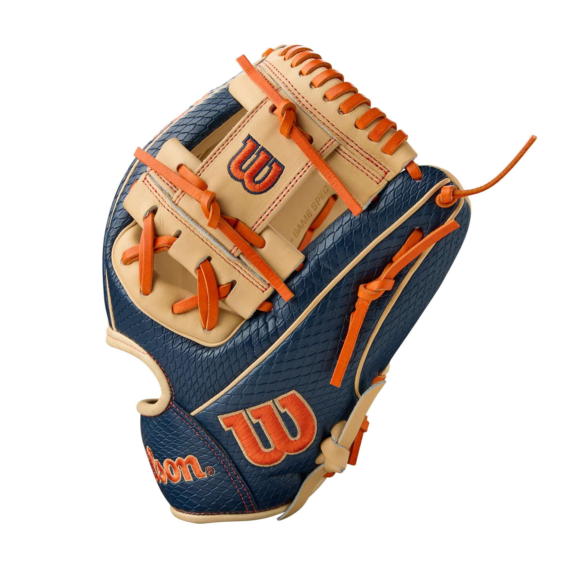Wilson A2000 Jose Altuve Game Model glove in navy, blonde, and orange, 11.5" for infield baseball play.