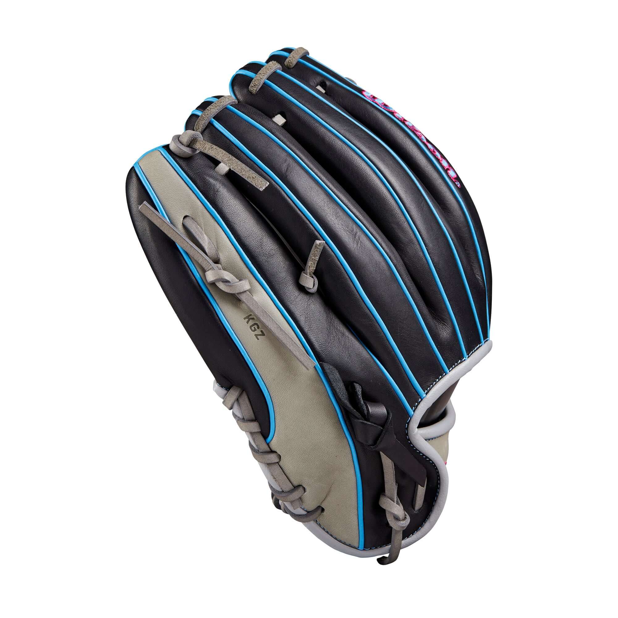 Wilson 2024 A1000 DP15 glove in black, grey, and blue, designed for young infielders, 11.5” with H-Web design.