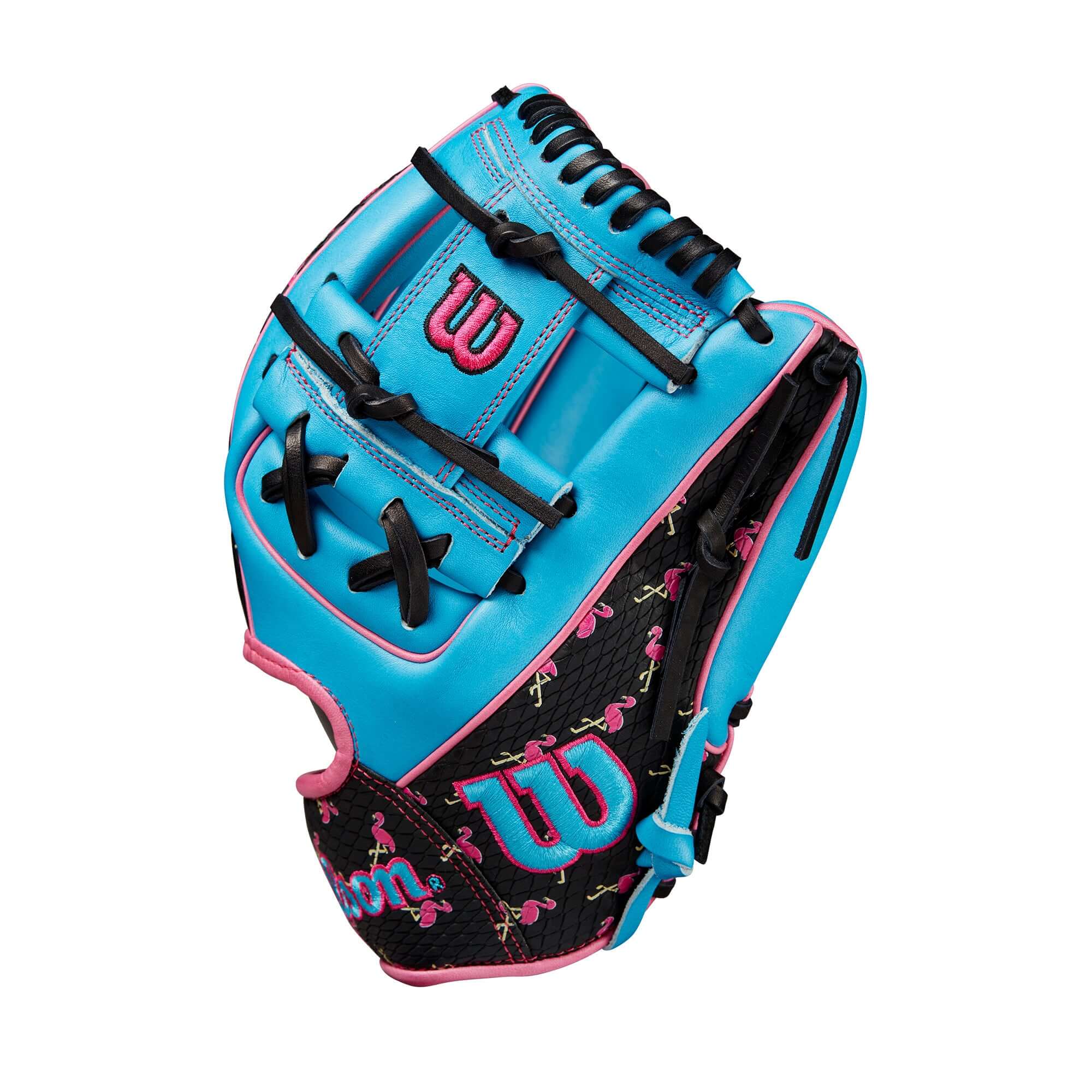 Wilson A2000 1786 March 2024 GOTM glove in Tropical Blue and Flamingo design, 11.5" for middle infield play.