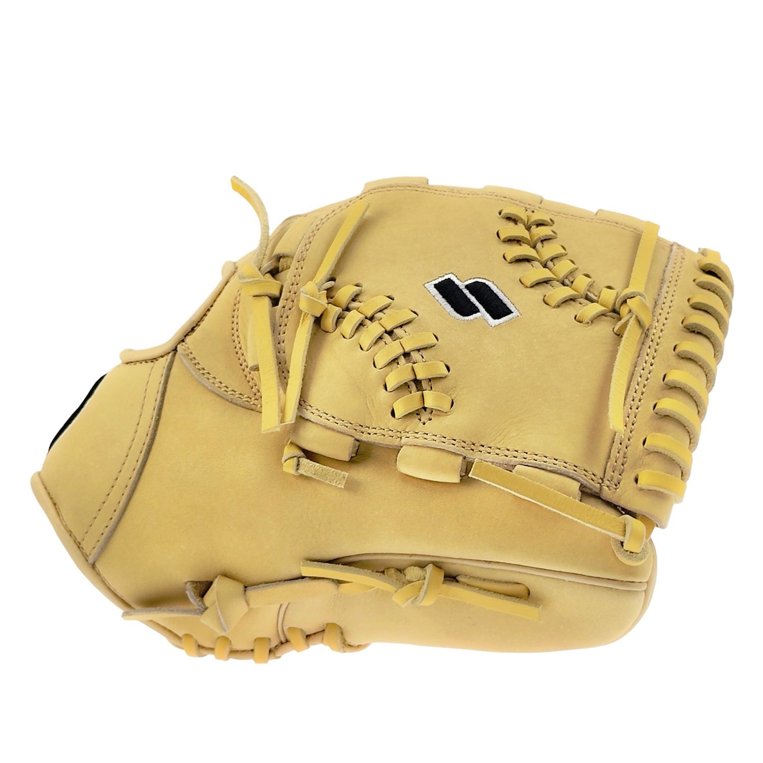 Sacco Ultra Premium Steer Hide Camel-Black Seams 12" Pitcher's Glove featuring camel color with black seams, made from Japanese-tanned steer-hide.
