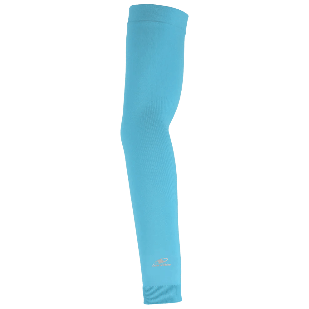 Side view of Lizard Skins Knit Arm Sleeve Baby Blue, seamless knit with ribbed cuffs and silicone strips for secure fit.