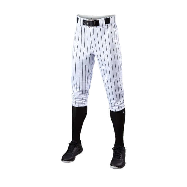 Evoshield Men's Salute White Knicker with Black Pinstripe, 100% polyester, athletic fit, double knees, set-in pockets.