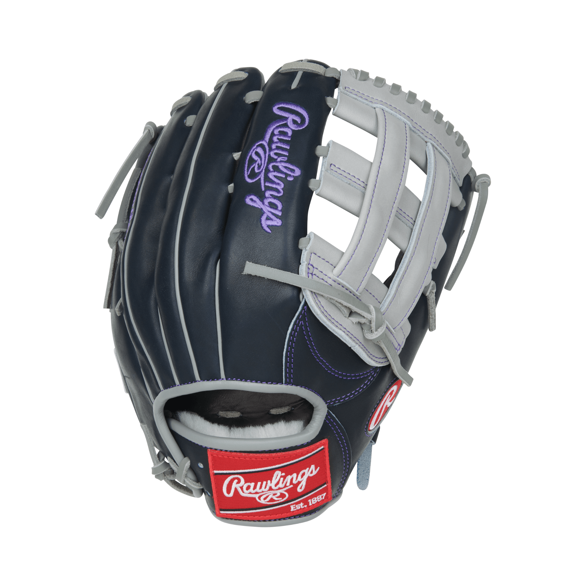 Rawlings Pro Preferred Aaron Judge 12.75" left-hand throw outfield baseball glove with navy and grey design.