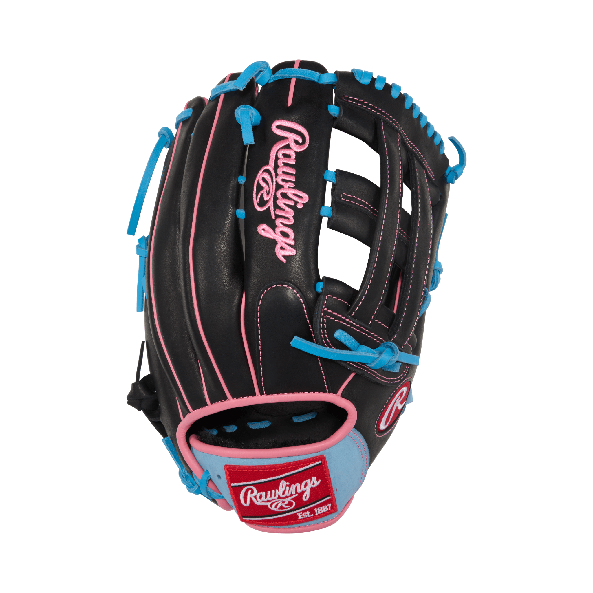 Rawlings R9 12.75" Outfield Baseball Glove for left-handed players in Black/Columbia Blue/Pink colorway.