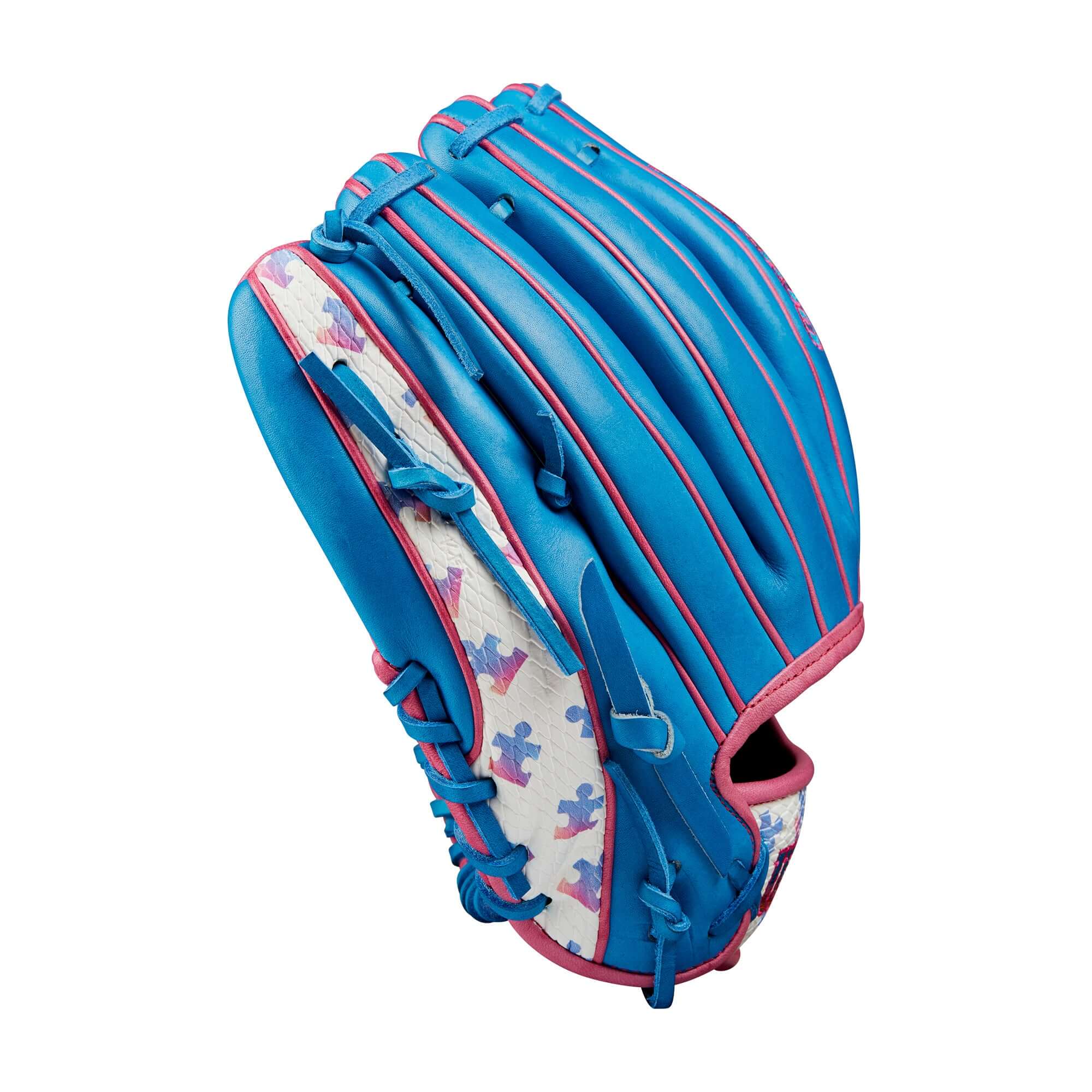 Wilson 2024 Autism Speaks A2000 1786 infield baseball glove in blue with Autism logo design, 11.5" size.