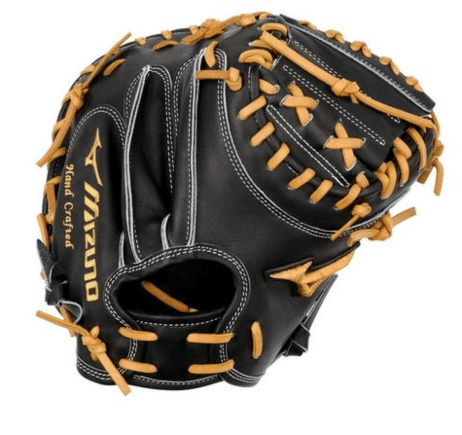 Mizuno Pro GMP-2000 Catchers Mitt 33.5” in premium black leather with orange lacing, showcasing superior craftsmanship.