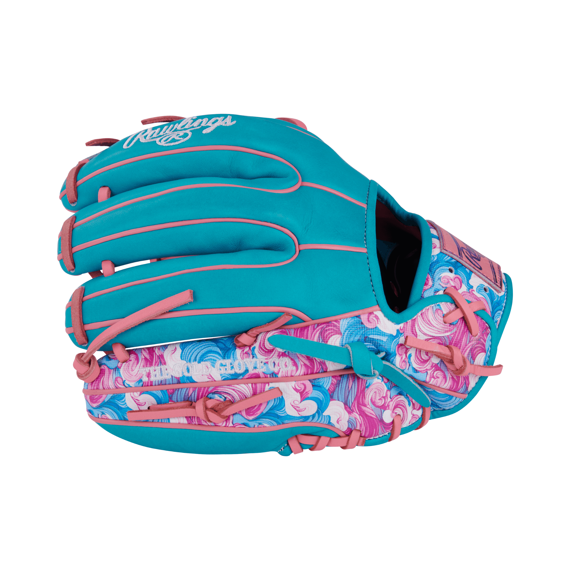 Profile of the Rawlings PROR314-2PTE glove's finger side, emphasizing the unique pink and royal foil leather patch and sleek design.