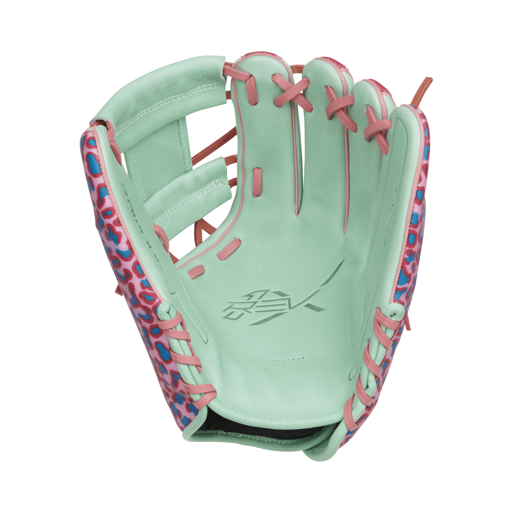 Rawlings Heart of the Hide Color Sync 8.0 baseball glove with leopard print trim, mint green leather, 11.75 inches.