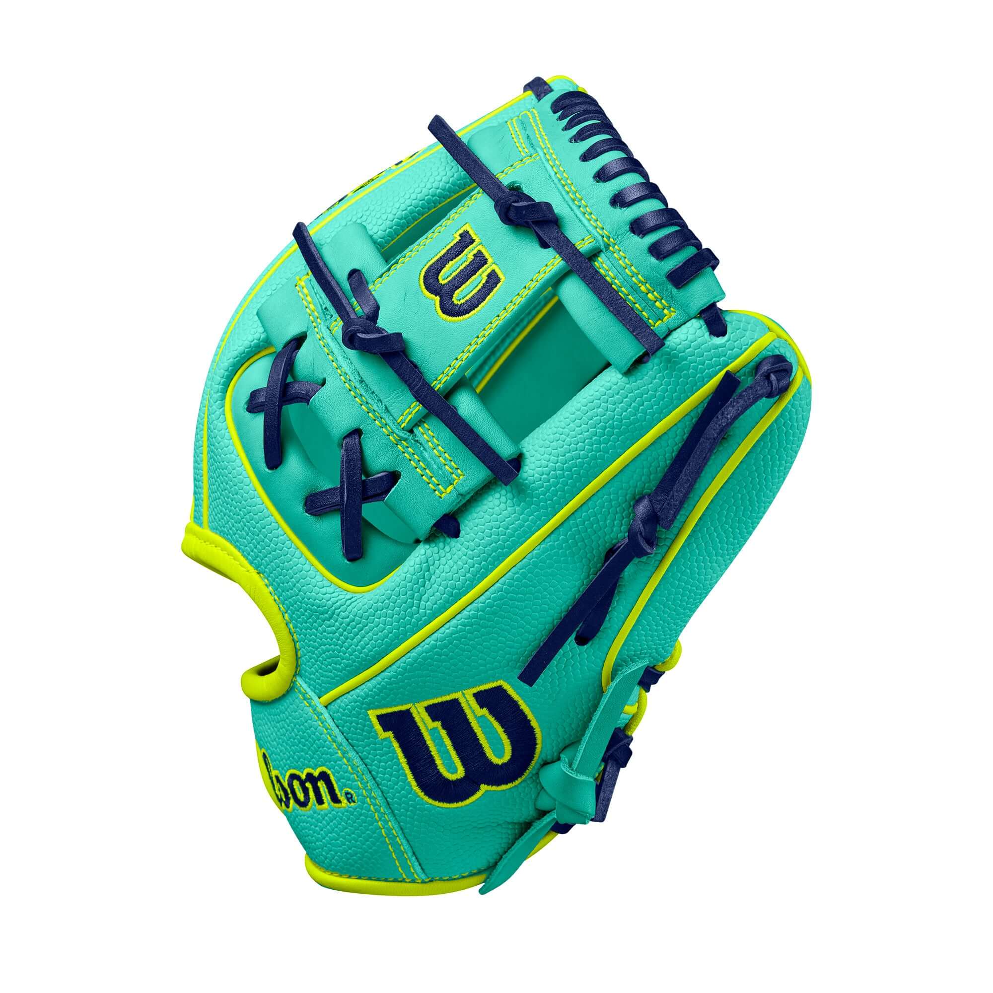 Wilson A2000 DP15SS infield baseball glove in Seafoam with Optic Yellow accents, featuring Pedroia Fit Technology.
