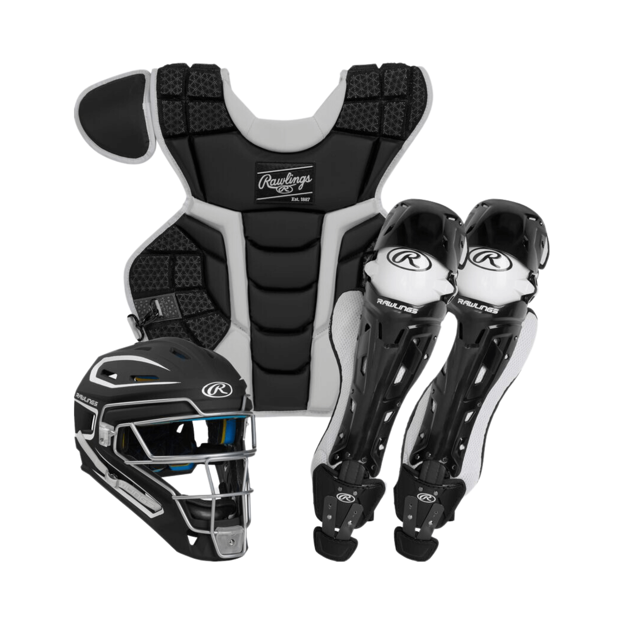 Rawlings Mach Adult Catchers Kit featuring helmet, chest protector, and leg guards for ultimate comfort and performance.