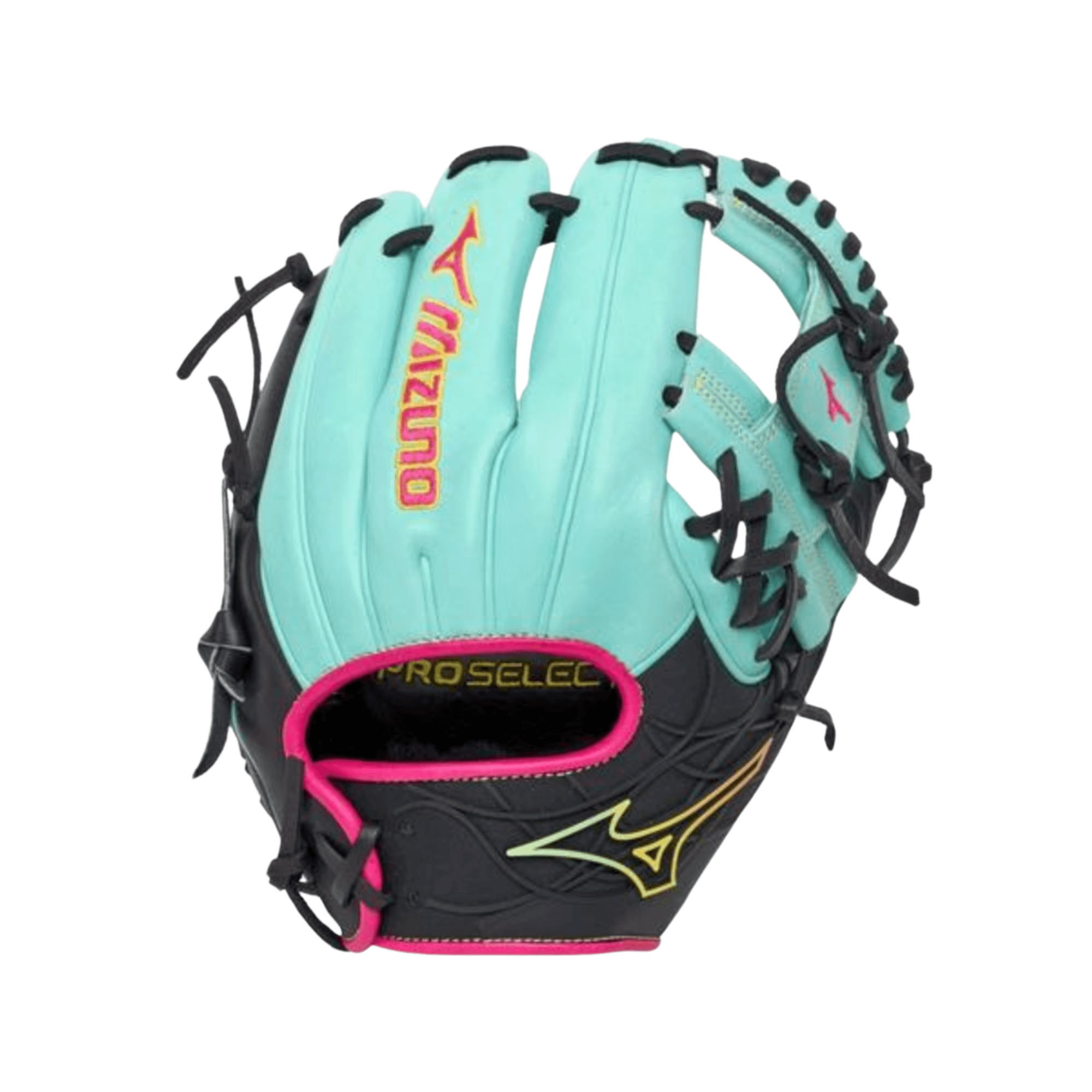 Back view of Mizuno Pro Select DynaCage glove highlighting modern DynaCage framework and Mizuno logo placement.