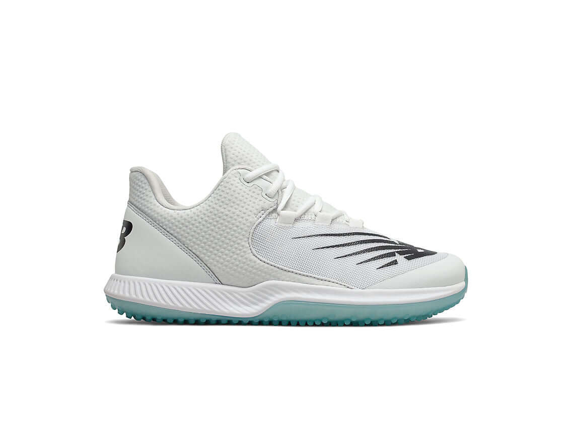 Side profile of white New Balance FuelCell (T4040v6) T4040TW6 baseball turf shoe with teal outsole and black logo.