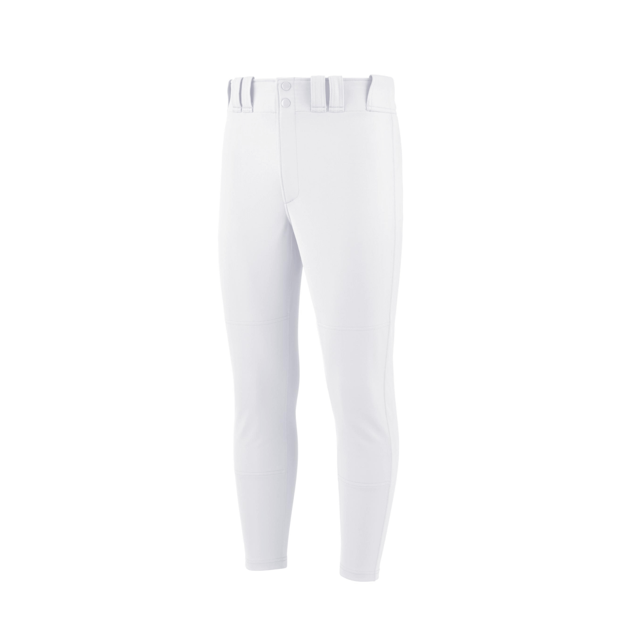 Mizuno Premier Tapered Tweener Pant in white, slim fit, perfect for baseball, with tunnel-belt loops and buttoned back pockets.