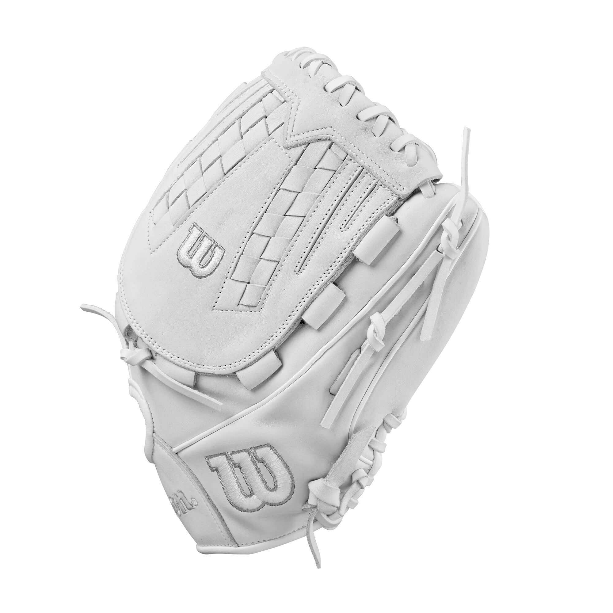 Wilson 2025 A1000FP V125 12.5" fastpitch softball glove in white and grey, designed for utility players for optimal catching.