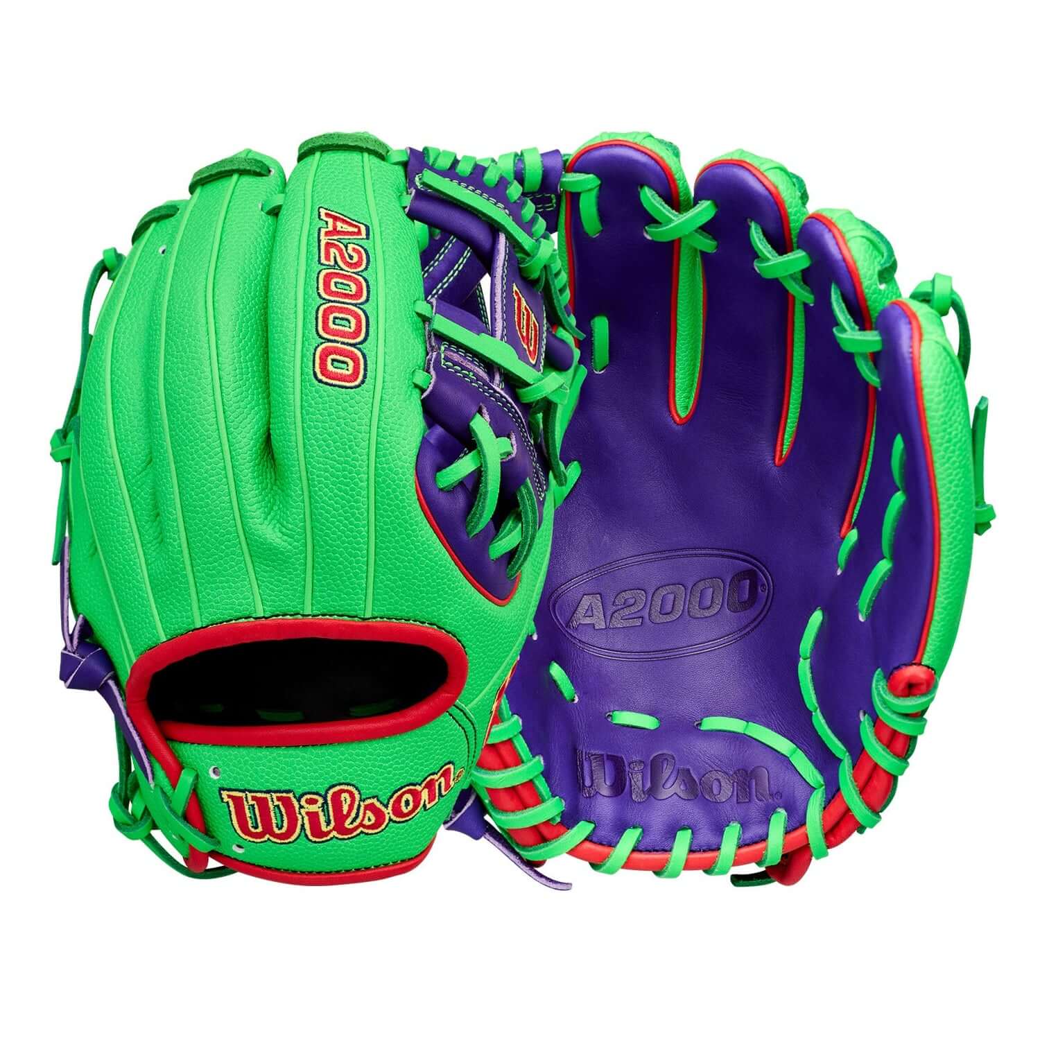 Wilson Swingin’ Sour Apple A2000 1786 11.5" Infield Baseball Glove, palm and backhand view, green and purple, I-web.
