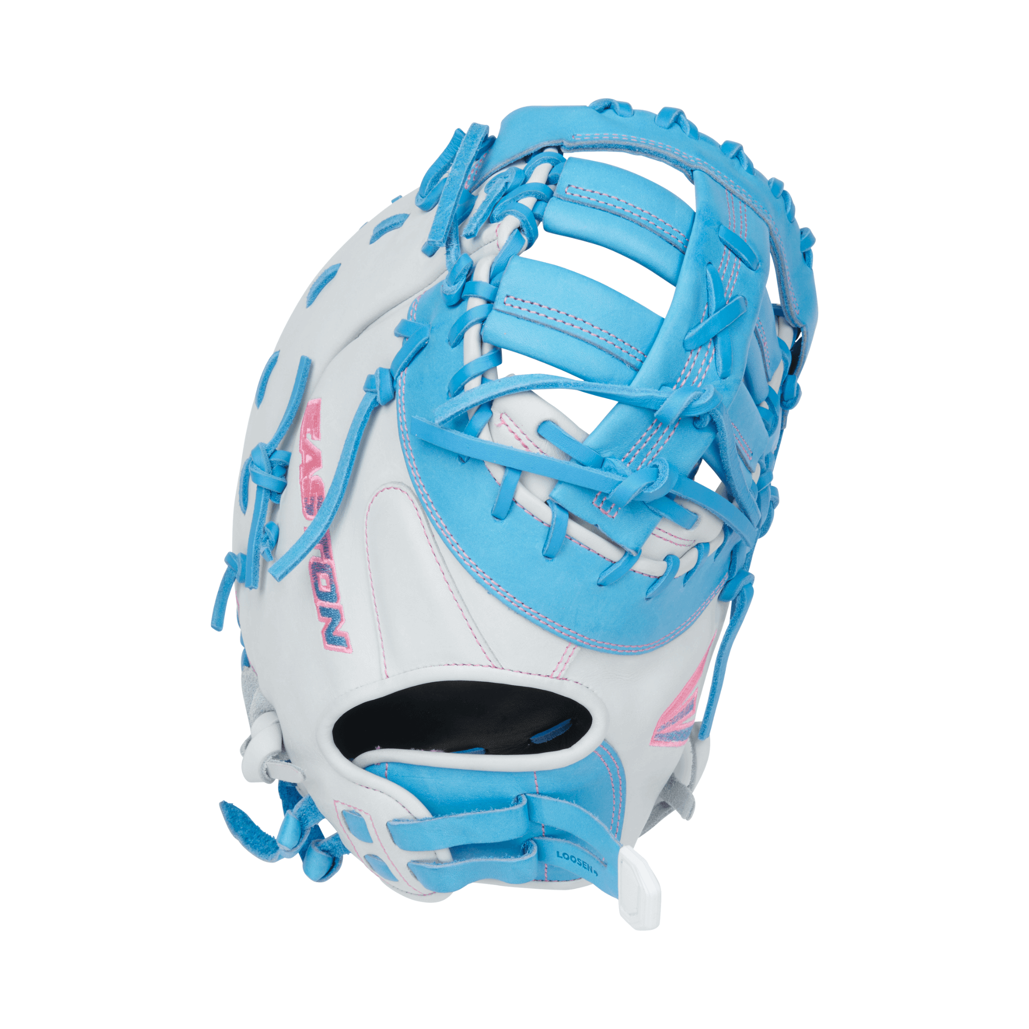 Easton Pro Collections 13" First Base Mitt Softball Glove in white and Columbia blue, designed for fastpitch players.