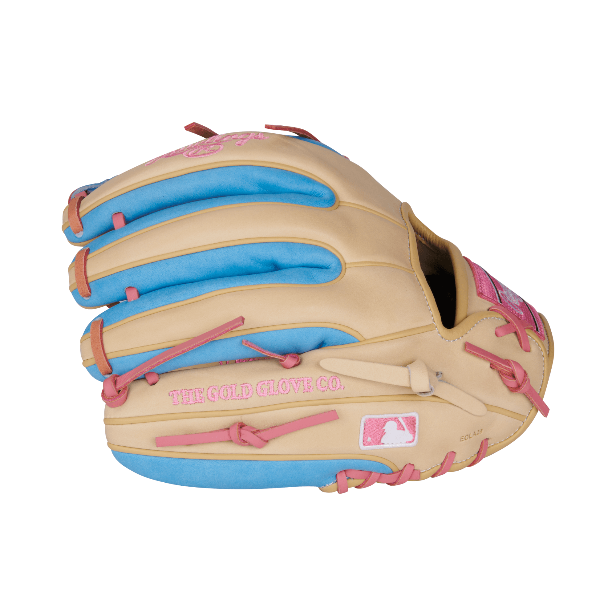 Rawlings Heart of the Hide 11.5" infield glove in camel and columbia blue with pink laces and patch.