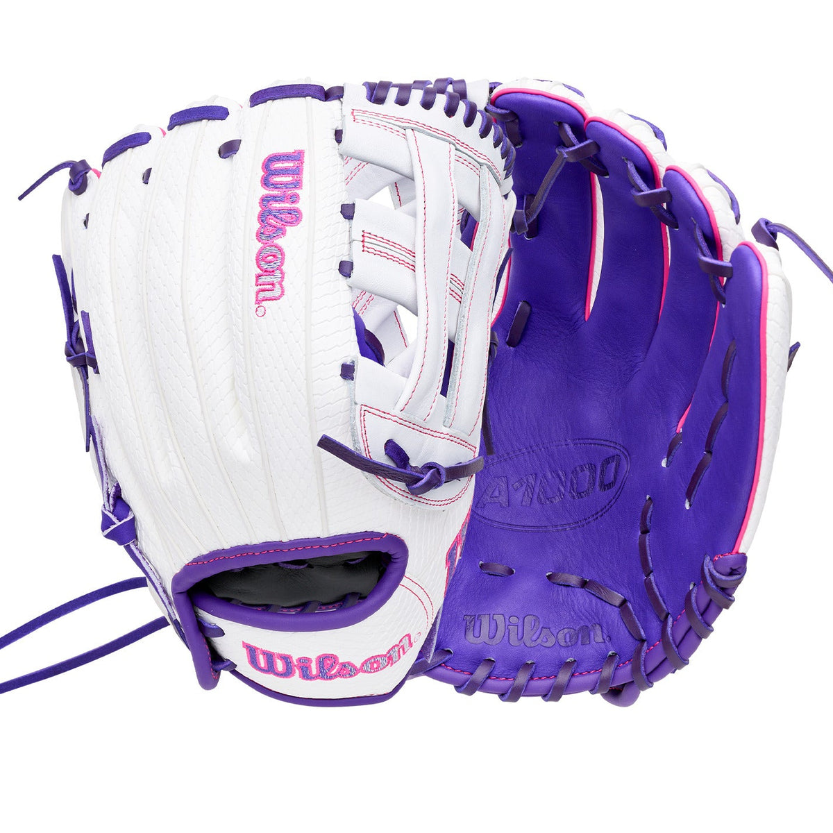 Wilson 2027 A1000 FP1712SS 12” Utility Fastpitch Softball Glove in white and purple leather.