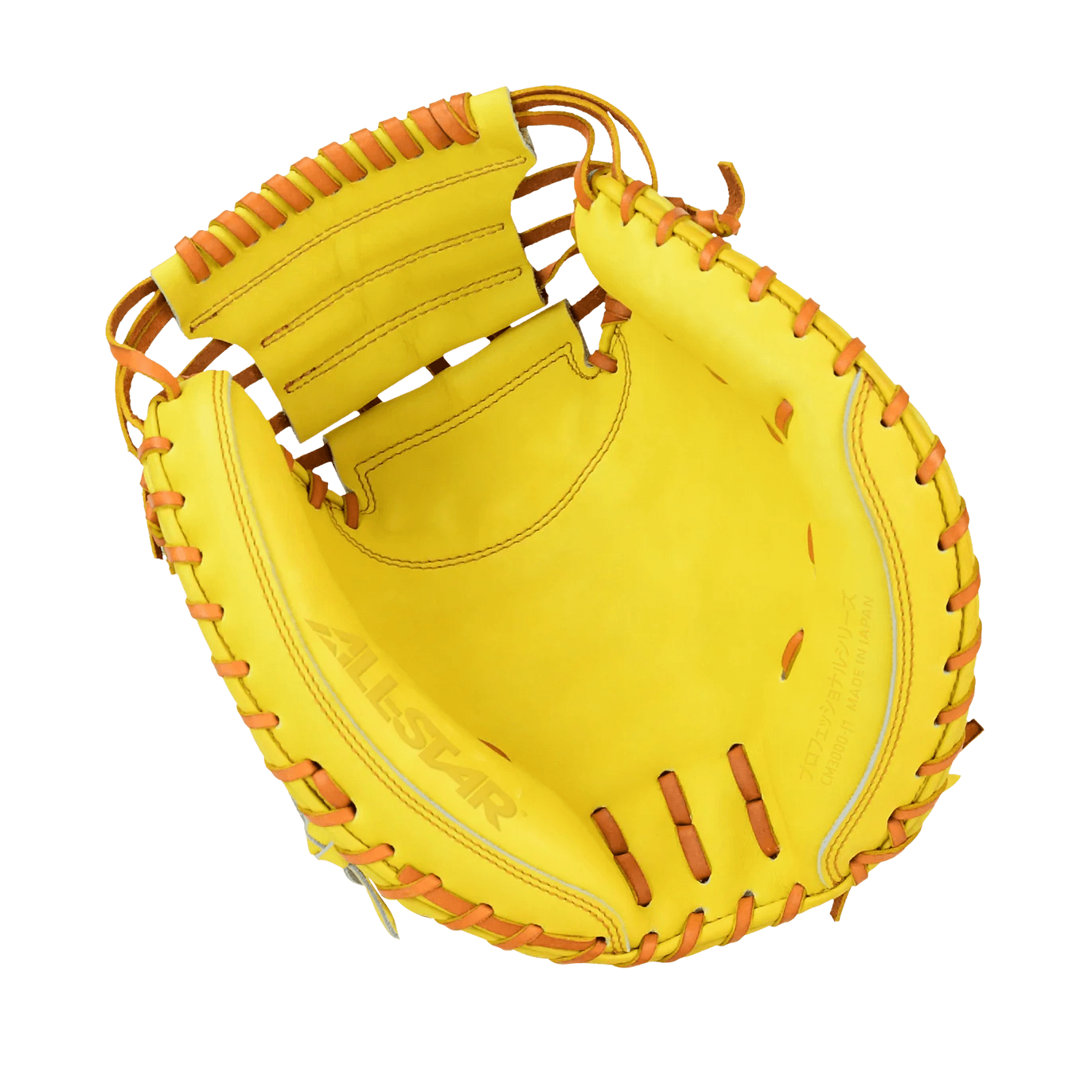 Palm view of All-Star Pro-Elite Japan 34" Catchers Mitt Closed Back Yellow/Light Brown with rotated hand pattern and lacing detail.