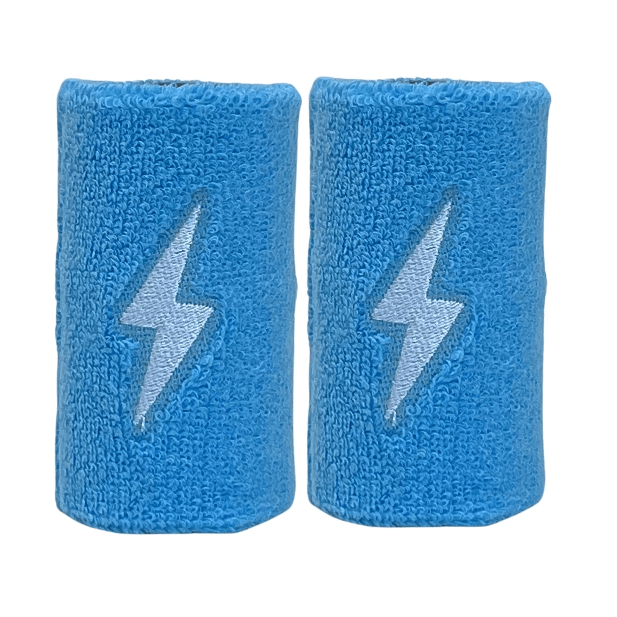 Bruce Bolt Premium Pro Wrist Bands in blue with lightning bolt design, made from soft terry cloth for sweat absorption.