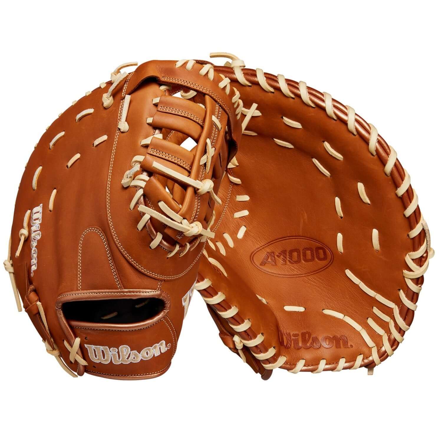 Wilson A1000® 1620 first base mitt in Saddle Tan Full Grain leather, 12.5” with single break point design.