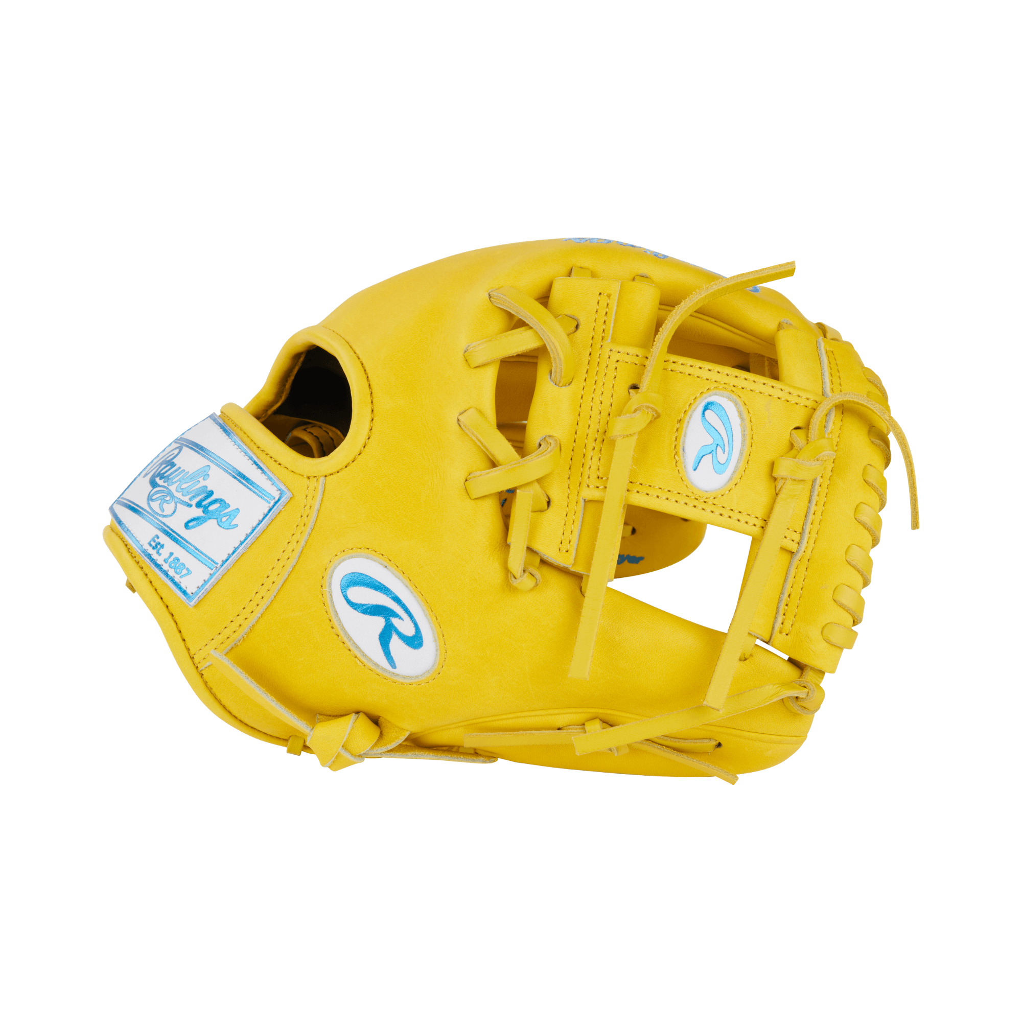 Close-up of the left side and thumb displaying the vibrant yellow leather and shiny blue foil stamp details