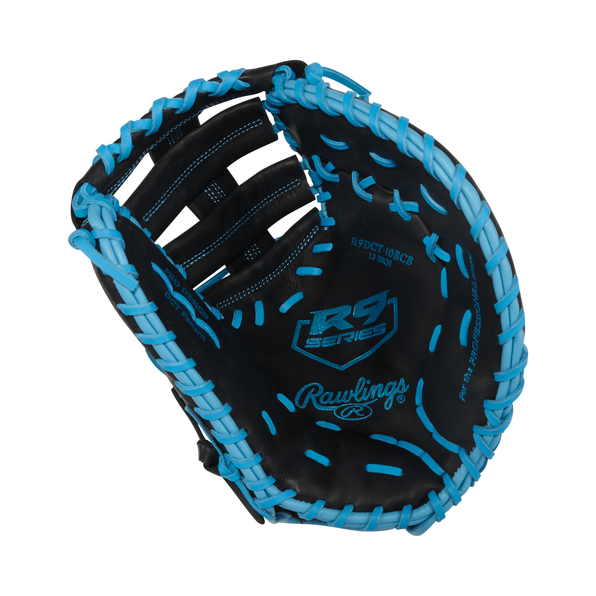Rawlings R9 First Base Mitt 13" black and blue glove designed for performance and comfort during baseball games.