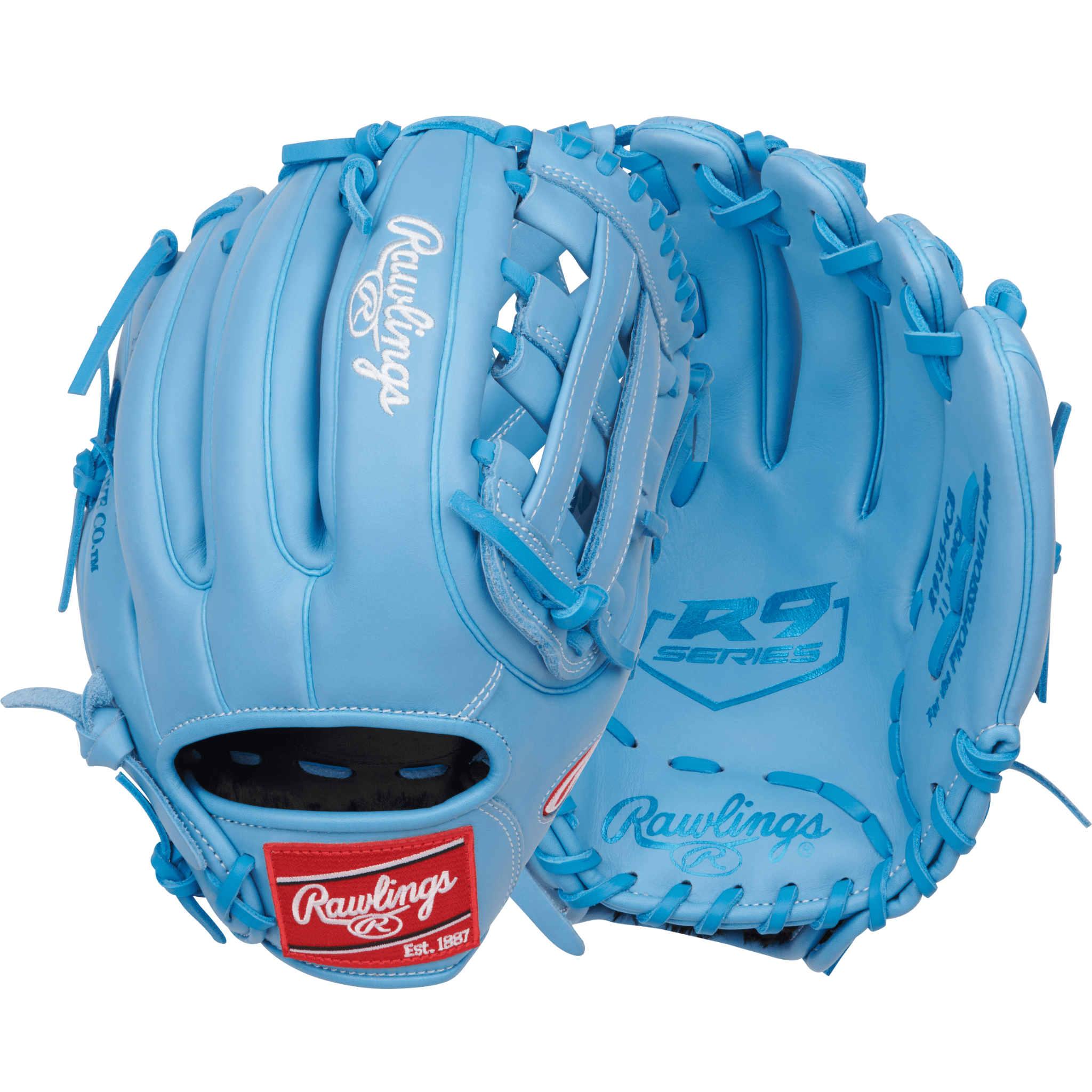 Rawlings R9 11.75" baseball glove in blue, designed for infield play with optimal reach and flexibility.