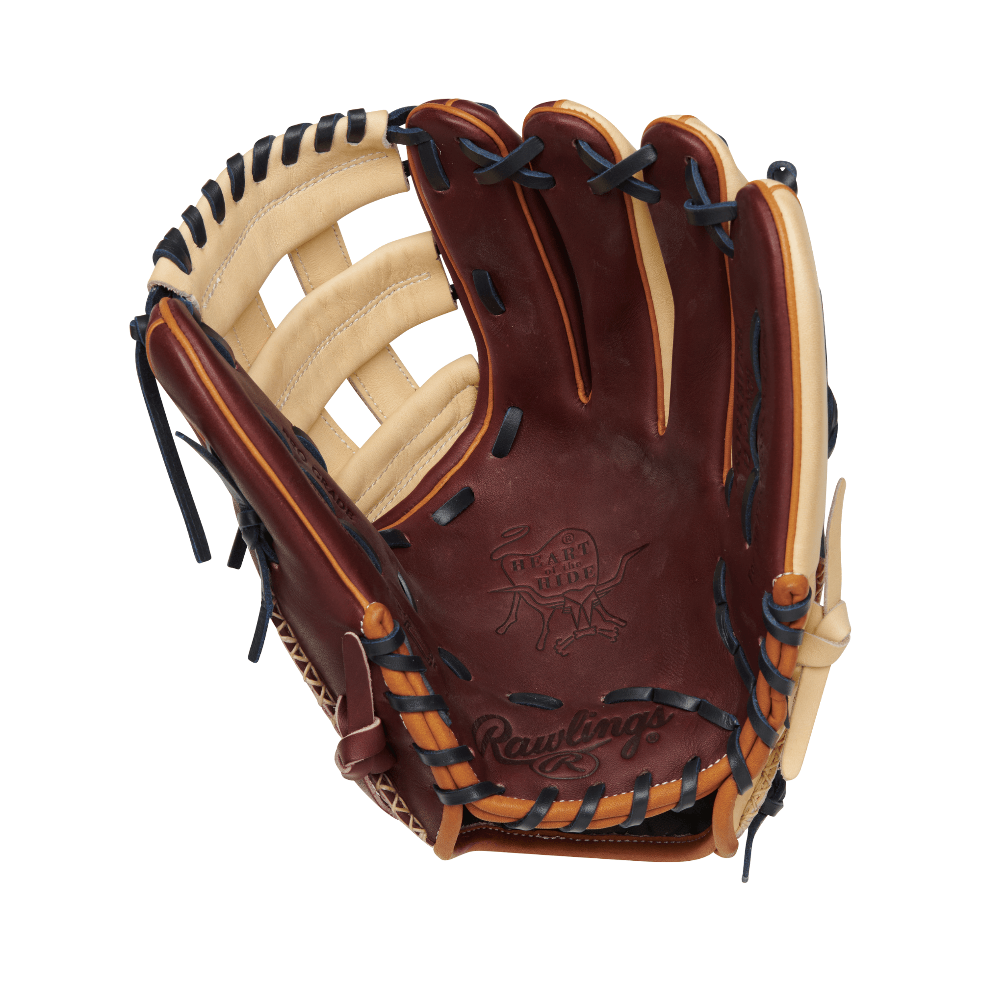 Rawlings ColorSync 7.0 Heart of the Hide R2G outfield glove in barn red and cream, 12.25 inches, showcasing craftsmanship and style.