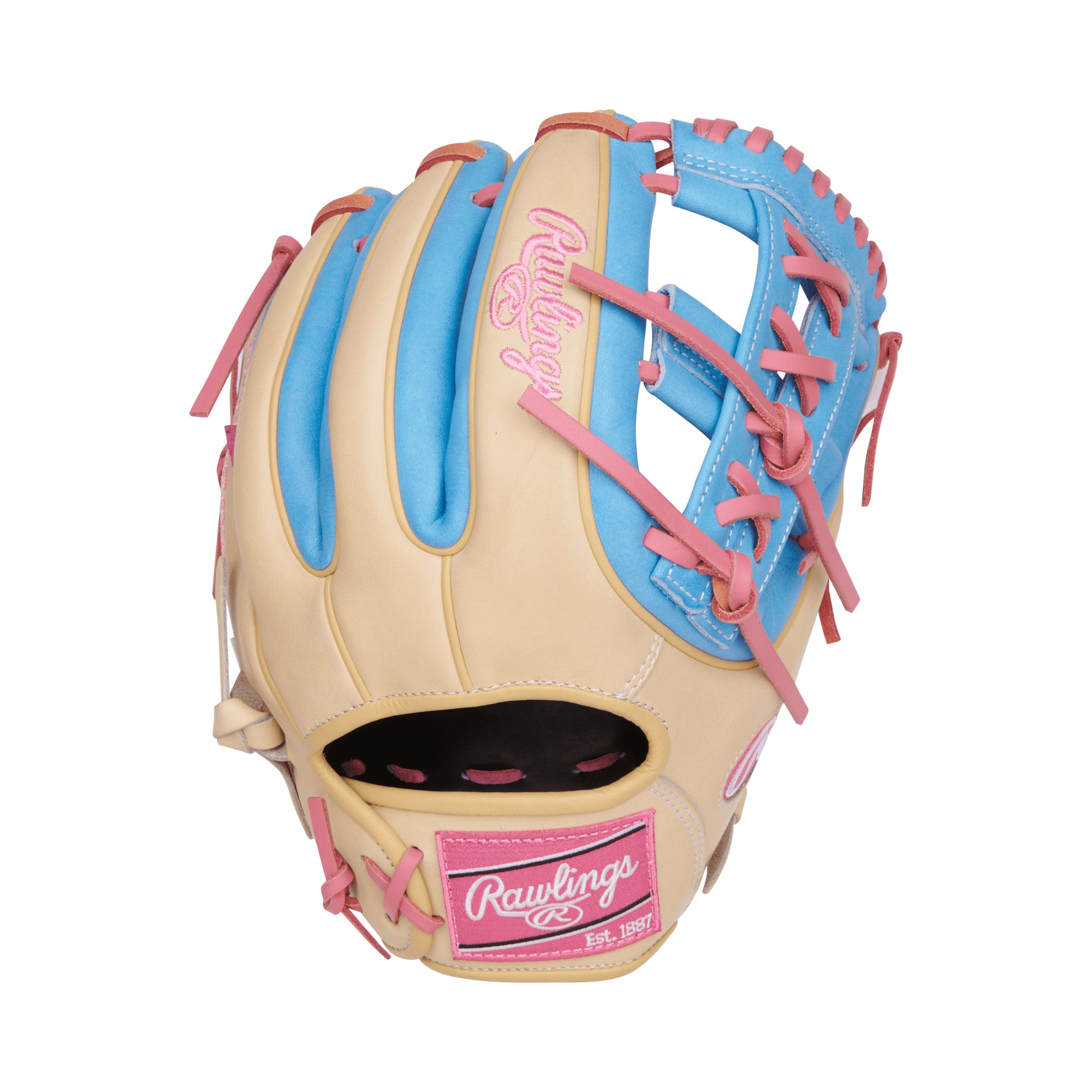 Rawlings Heart of the Hide 11.5" infield glove in camel and columbia blue with pink laces and patch, designed for quick ball control.