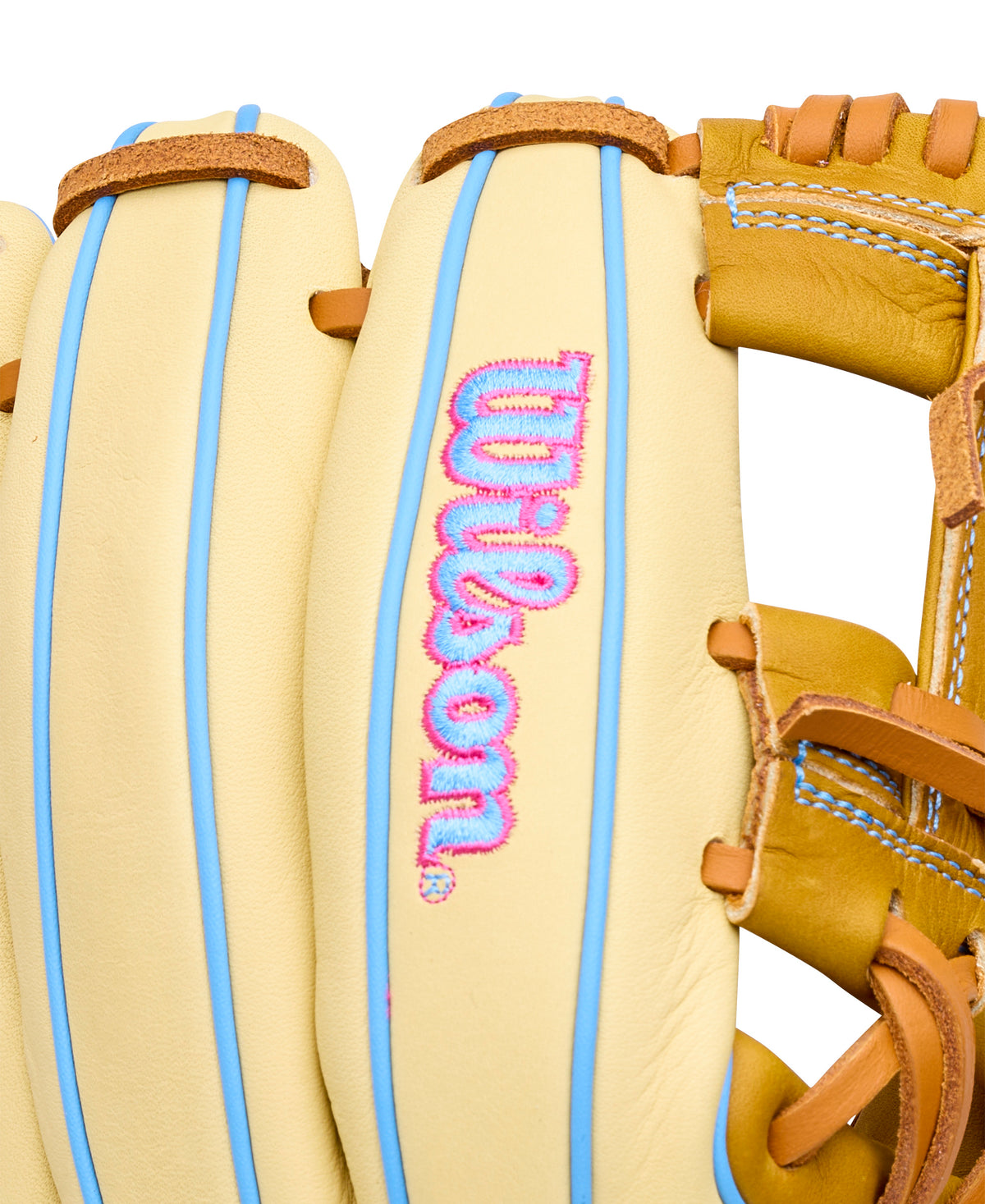 Wilson 2027 A1000 1786 11.5" Infield Baseball Glove with Saddle Tan, Blonde, and Cool Blue color, close-up of leather design.