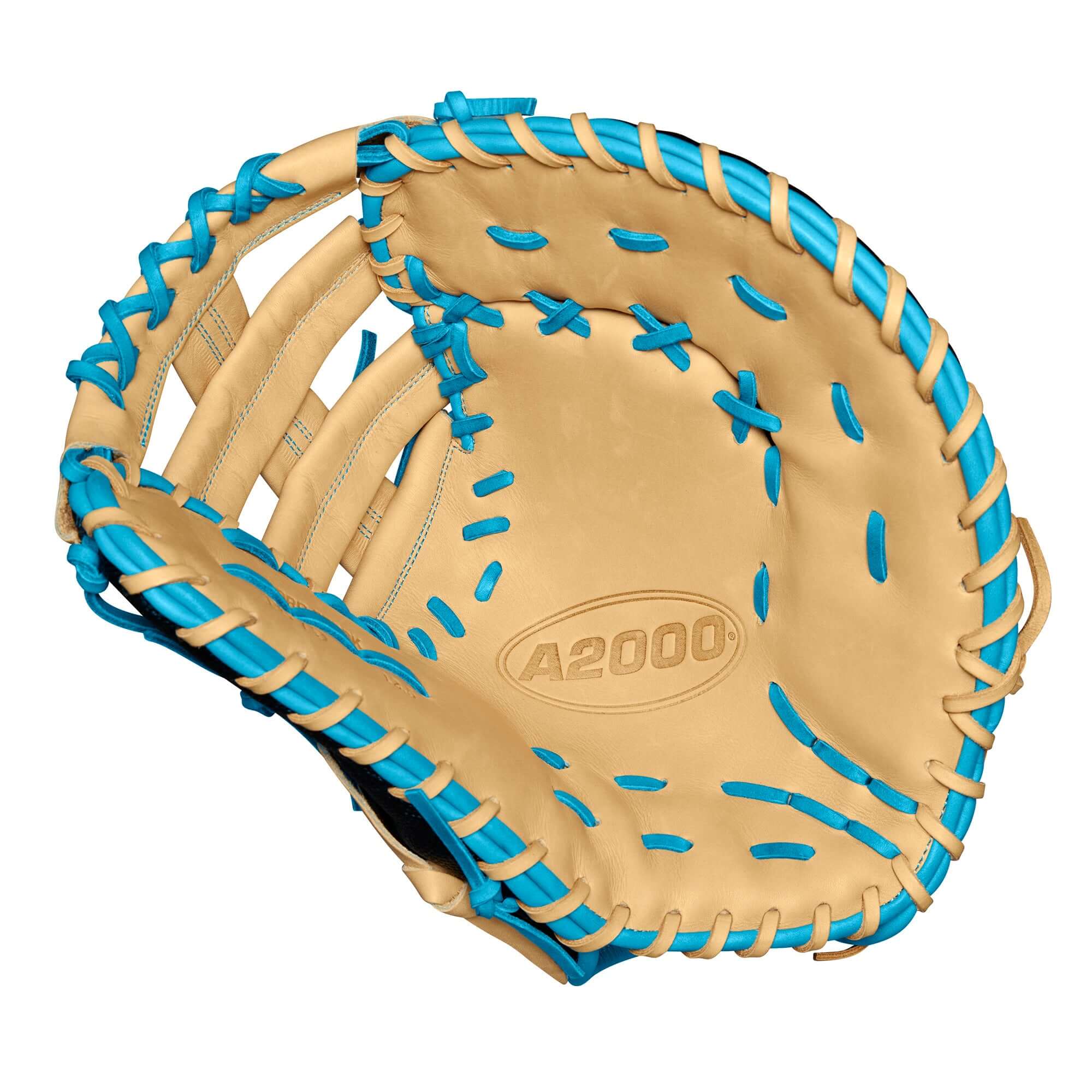 Wilson A2000 1679SS first base mitt interior view in blonde leather with sky blue lacing, showcasing craftsmanship and design.