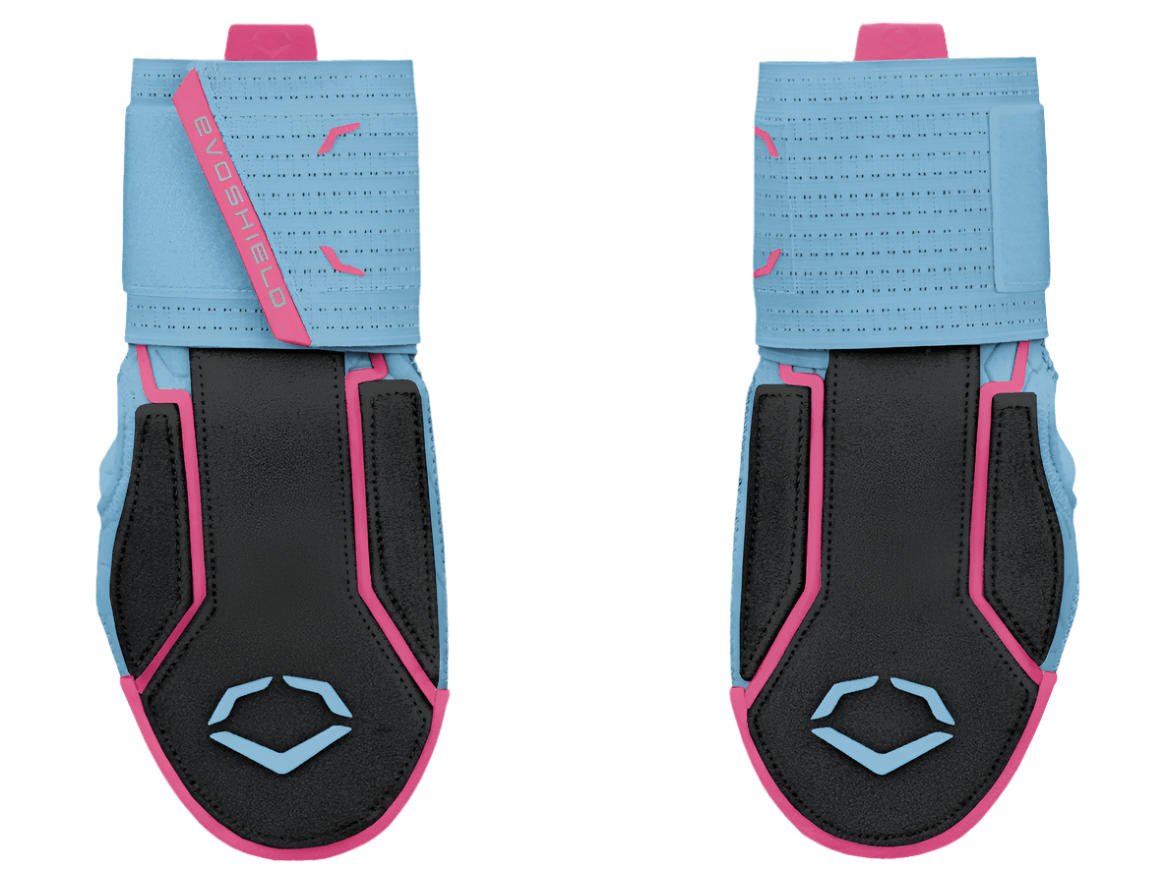 Front and back of Evoshield Sliding Mitt 2.0, highlighting flexible structure and stylish galaxy pattern
