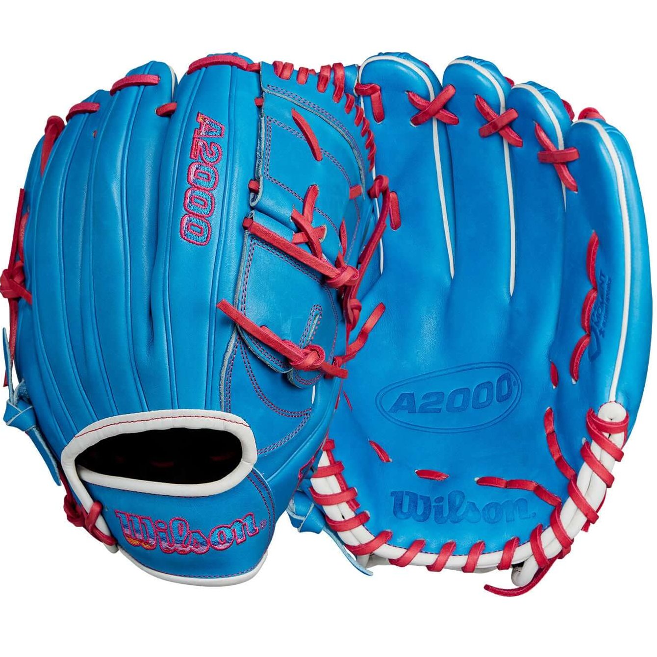Wilson 2024 Autism Speaks A2000 B2 12" Pitcher’s Baseball Glove in blue and pink, featuring Closed Two-Piece Web design.