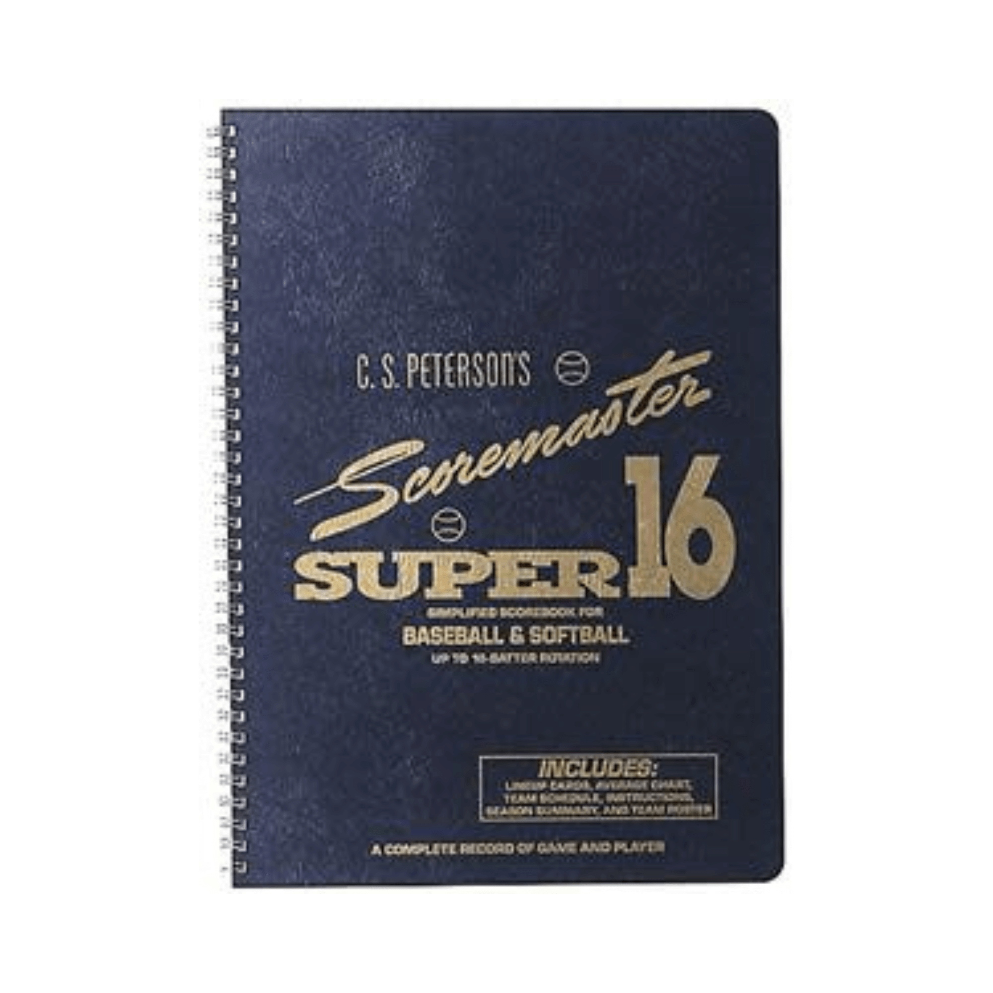 CS Petersons ScoreMaster Super 16 Scorebook for baseball and softball, featuring a spiral binding and detailed game record sections.