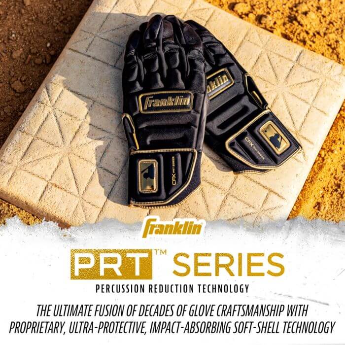 Franklin CFX Pro PRT Series batting gloves in black and gold, featuring soft-shell technology for impact protection.