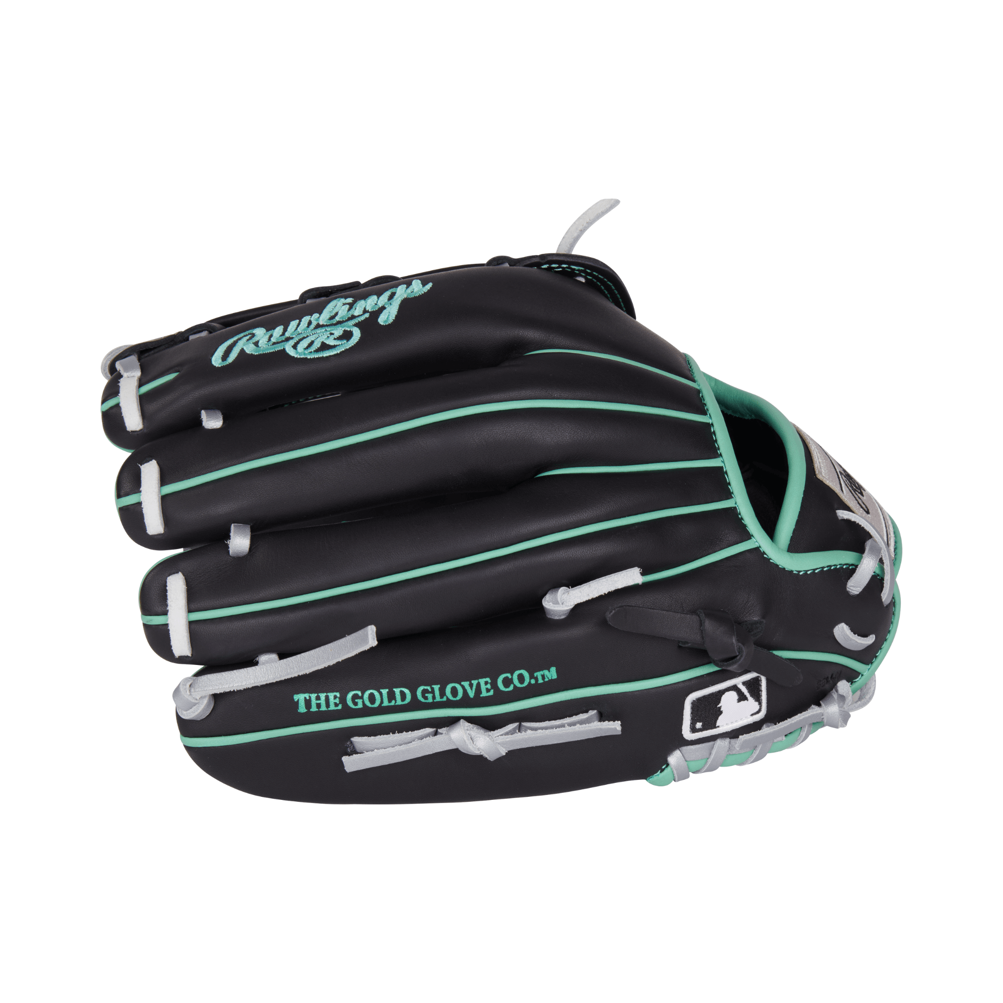 Rawlings NXT Series Contour Fit 12.5" RHT baseball glove in black with teal accents, designed for youth athletes.