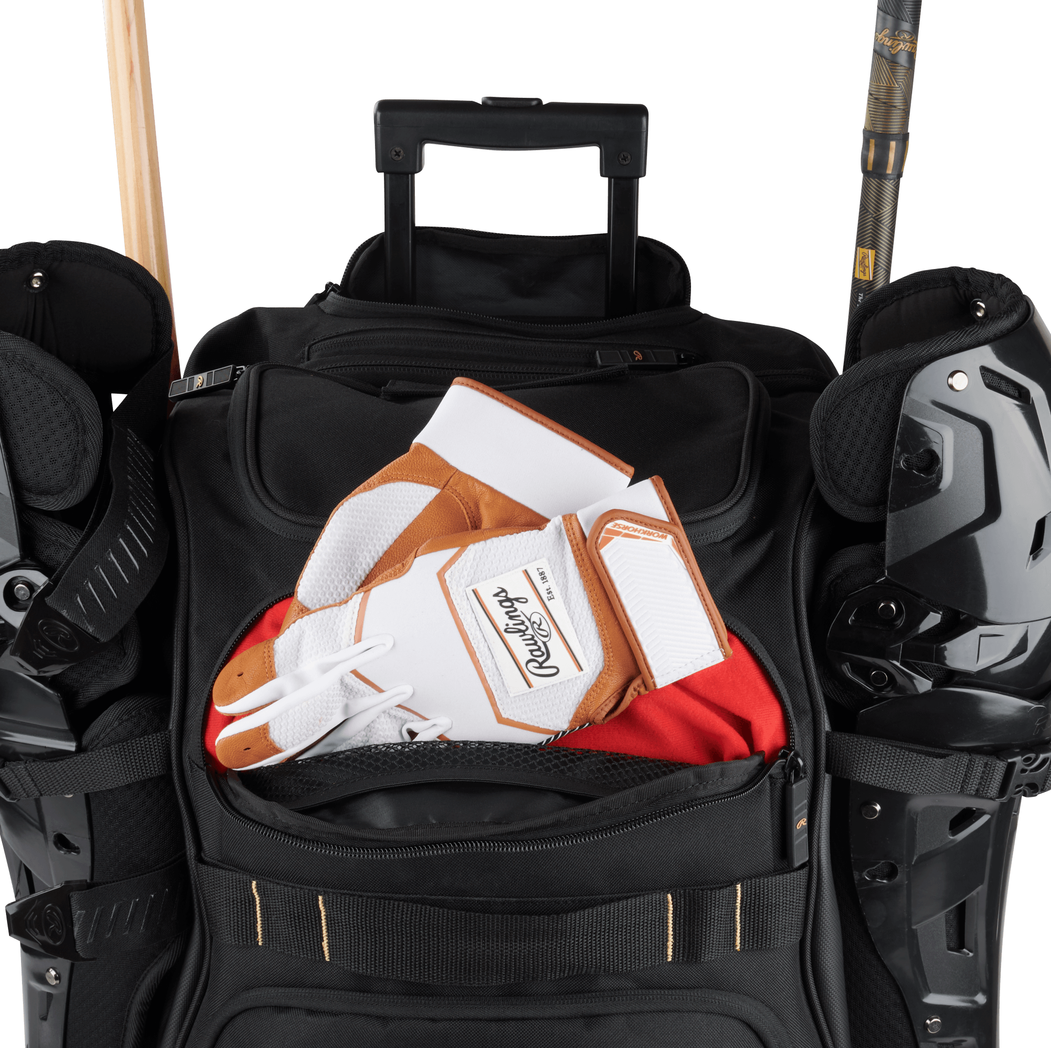 Rawlings Gold Collection Wheeled Bag open with gloves inside