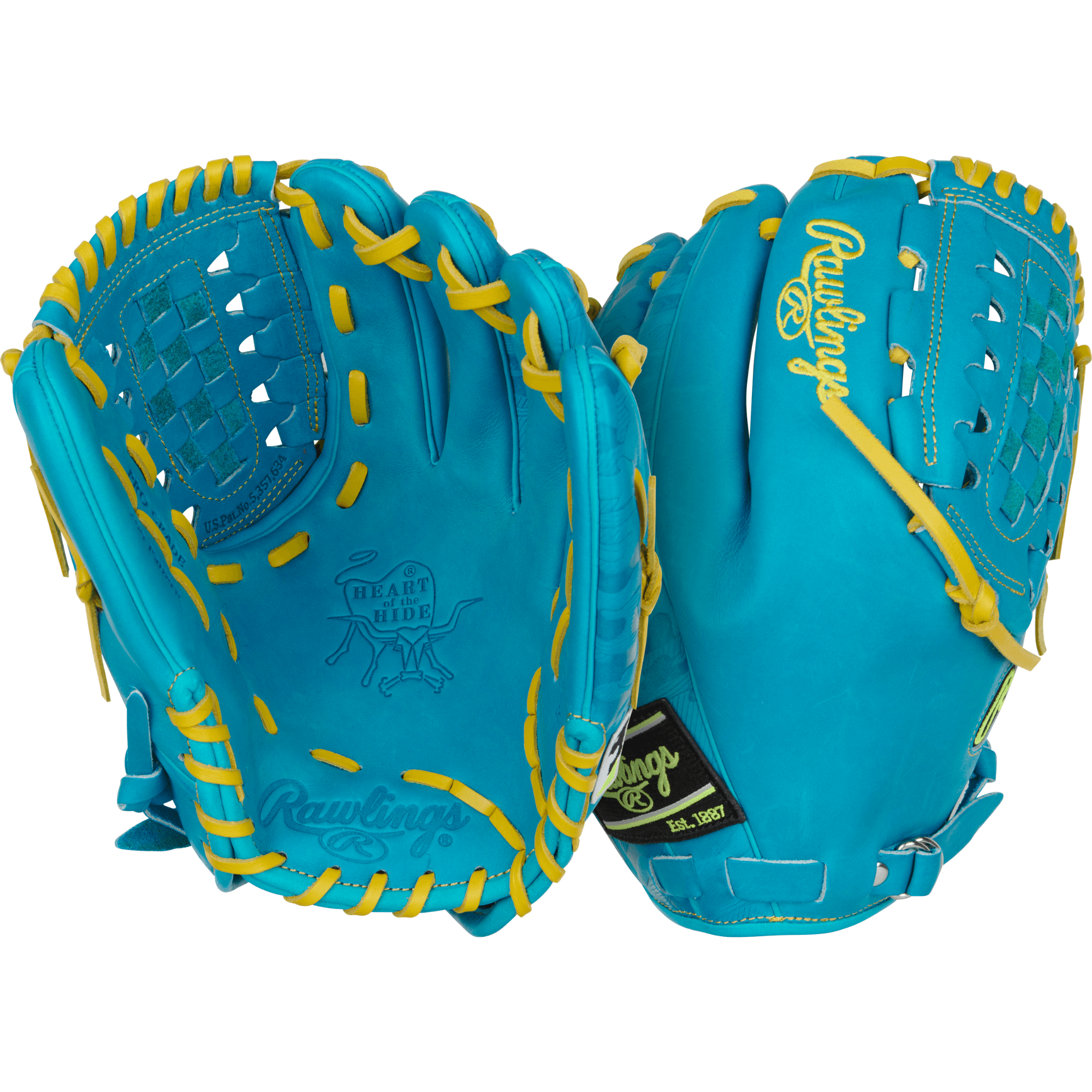 Front and palm view of the Rawlings Colorsync 12'' glove highlighting the Basket Connector web and Heart of the Hide leather.