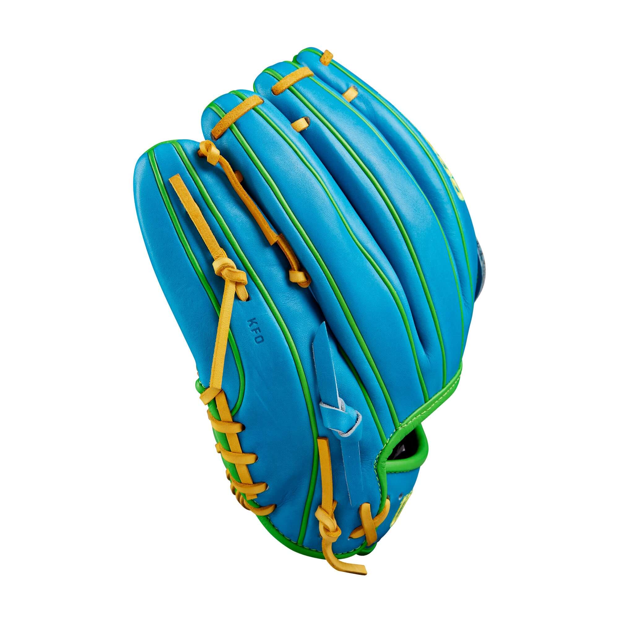 Wilson A2000 PP05 glove in sky blue and opt orange, 11.5 inches, designed for optimal performance in baseball.
