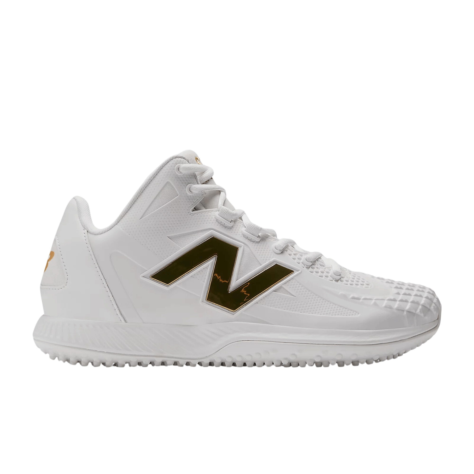 New Balance Shohei TSHOV1 in white with gold accents, designed for elite performance on the field.