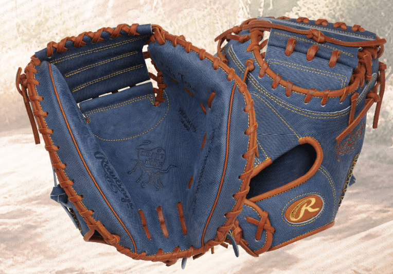 Rawlings Heart of the Hide Pro Label Denim Edition Catchers Mitt in blue denim with brown stitching, stylish and durable.