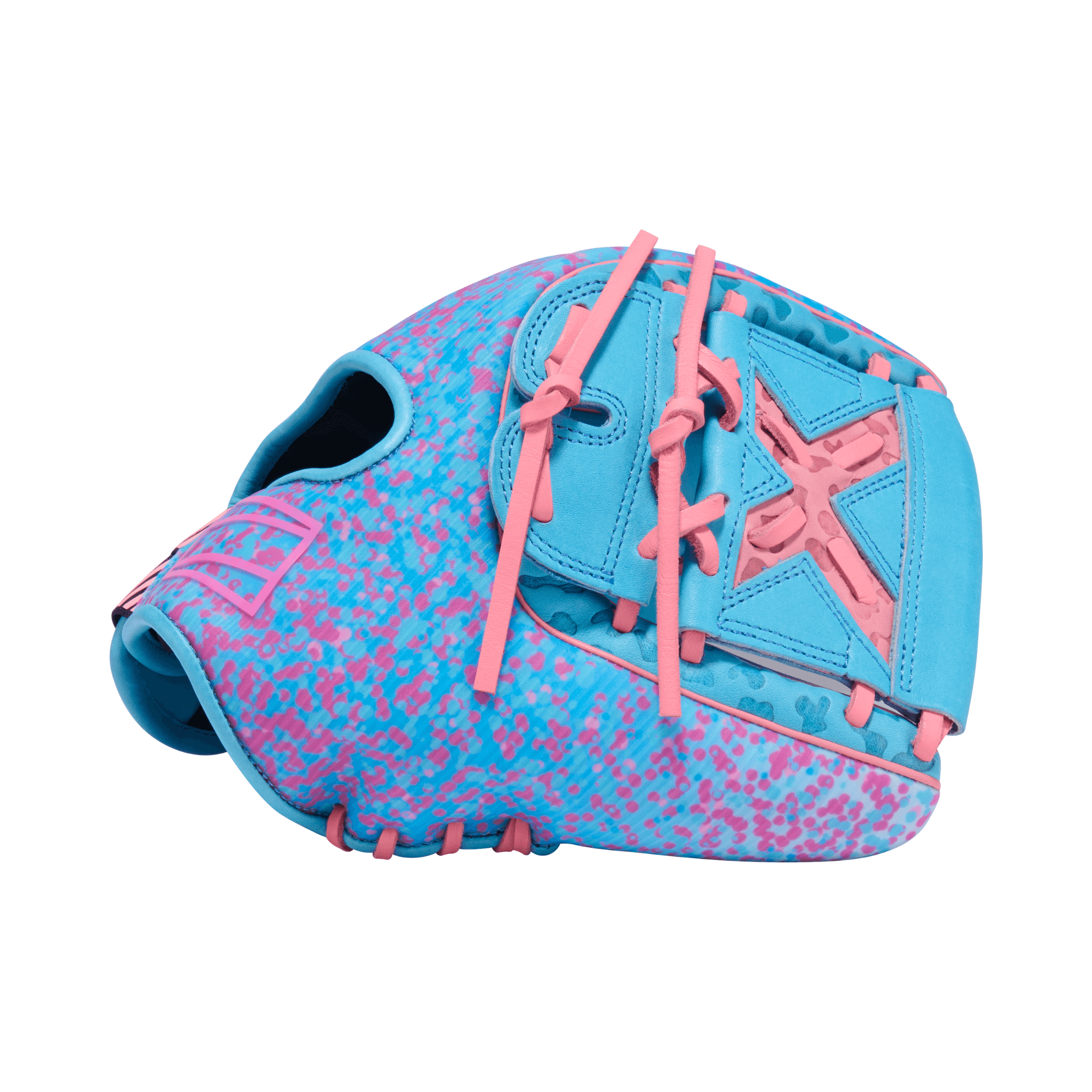 Rawlings REV1X Series infield baseball glove in blue and pink, 11.75 inches, designed for young players.